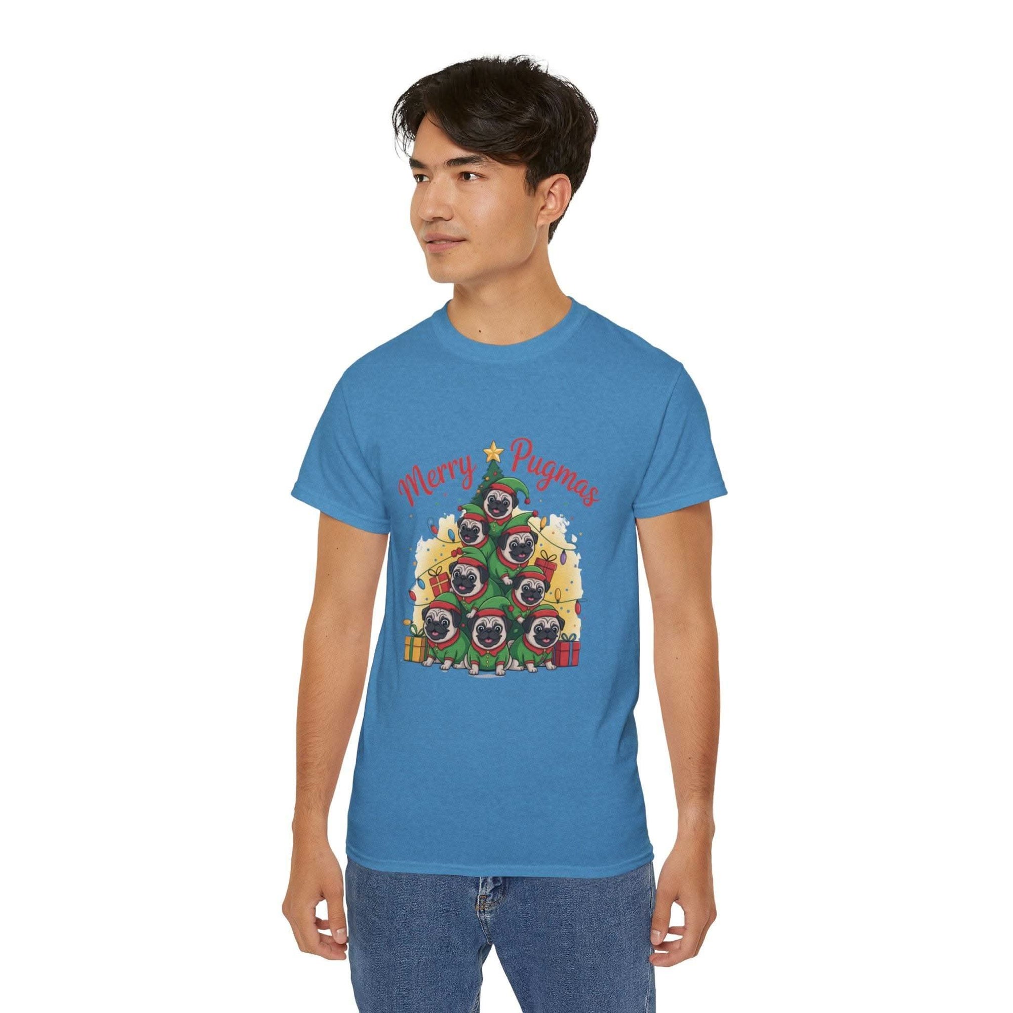 Black Merry Pugmas holiday t-shirt from Printify, featuring festive pug design for dog lovers.