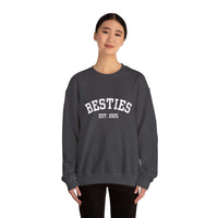 woman wearing black Varsity Besties Crewneck Sweatshirt with Besties Est. 2025 lettering