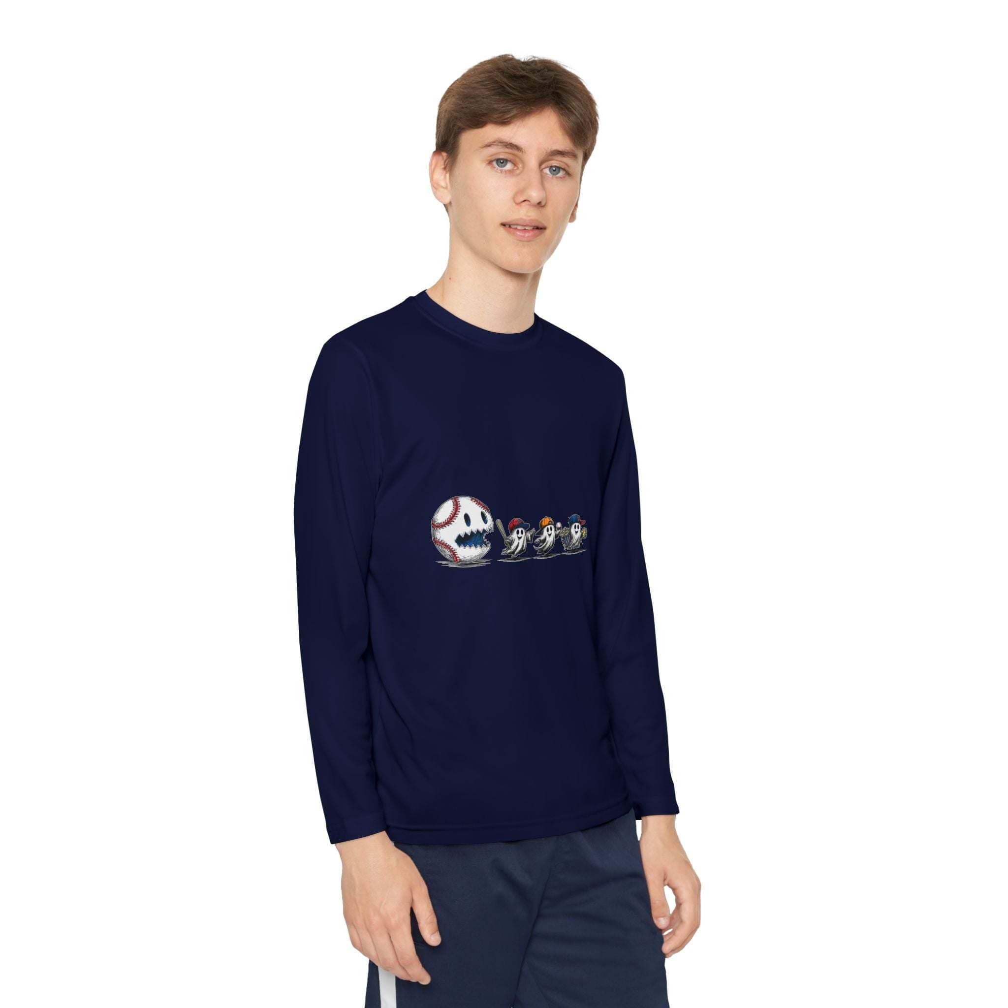 Youth Tee long sleeve shirt with baseball eating Halloween ghosts design, moisture-wicking and athletic fit.