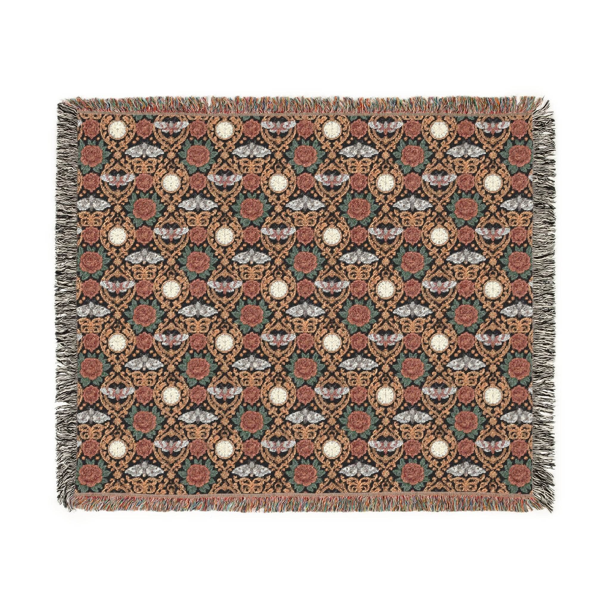 Victorian Gothmas Woven Blanket with candlelight-inspired colors and colorful fringed edges on a dark velvet background