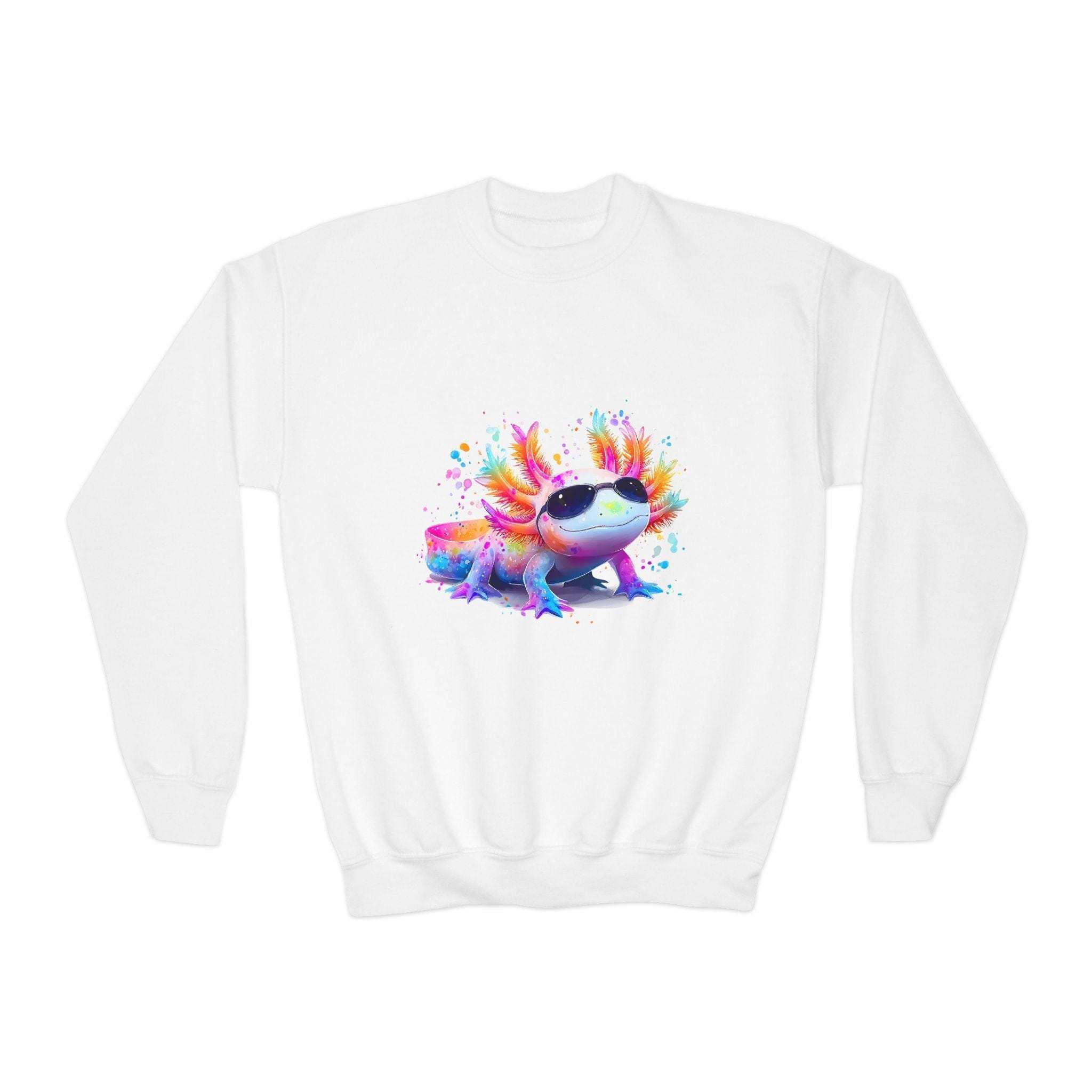 Colorful maroon sweatshirt featuring a rainbow axolotl design for kids by Printify