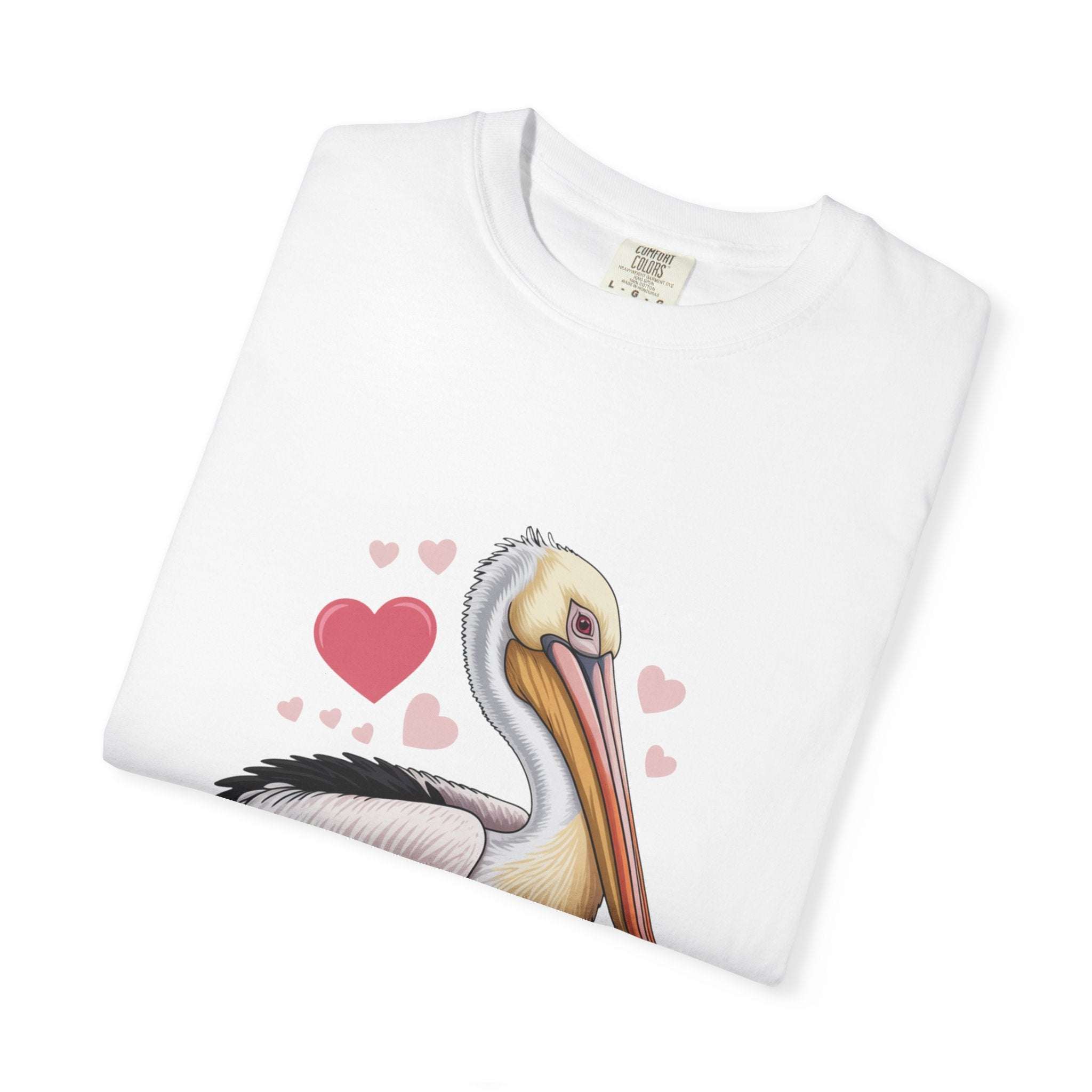 Valentine Pelican Hearts T-Shirt with pelican and heart design on soft cotton fabric