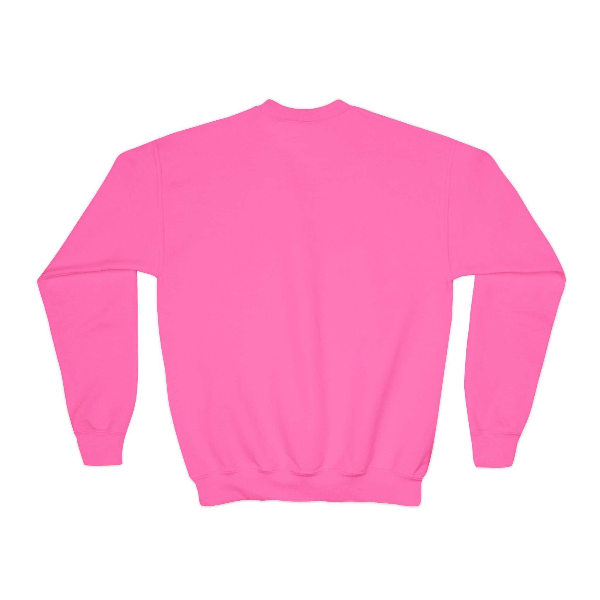 Pink Moody Girl Highland Cow youth sweatshirt back view, cozy cotton-poly blend with ribbed collar and cuffs