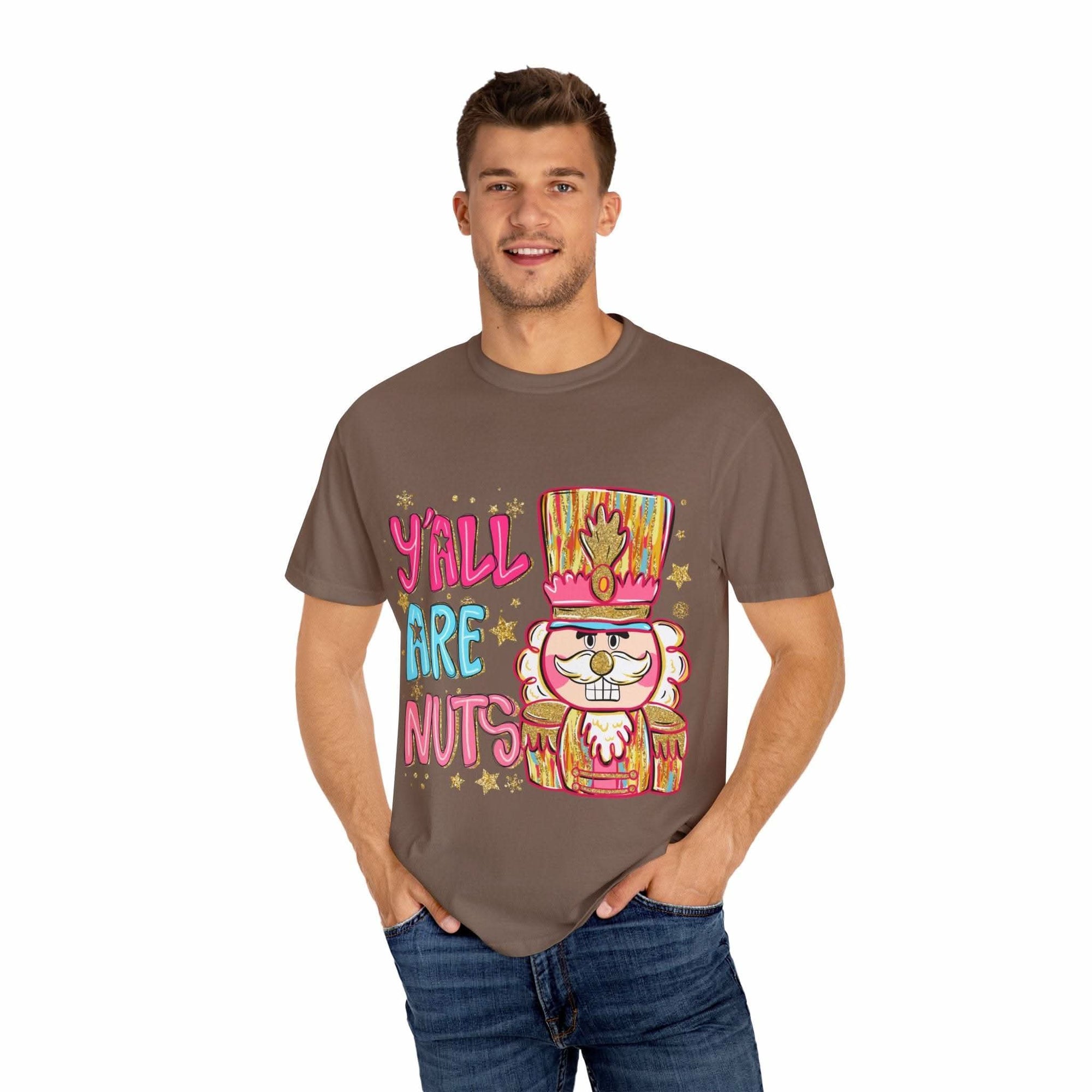 Man wearing brown Yall Are Nuts Nutcracker festive preppy cotton T-shirt