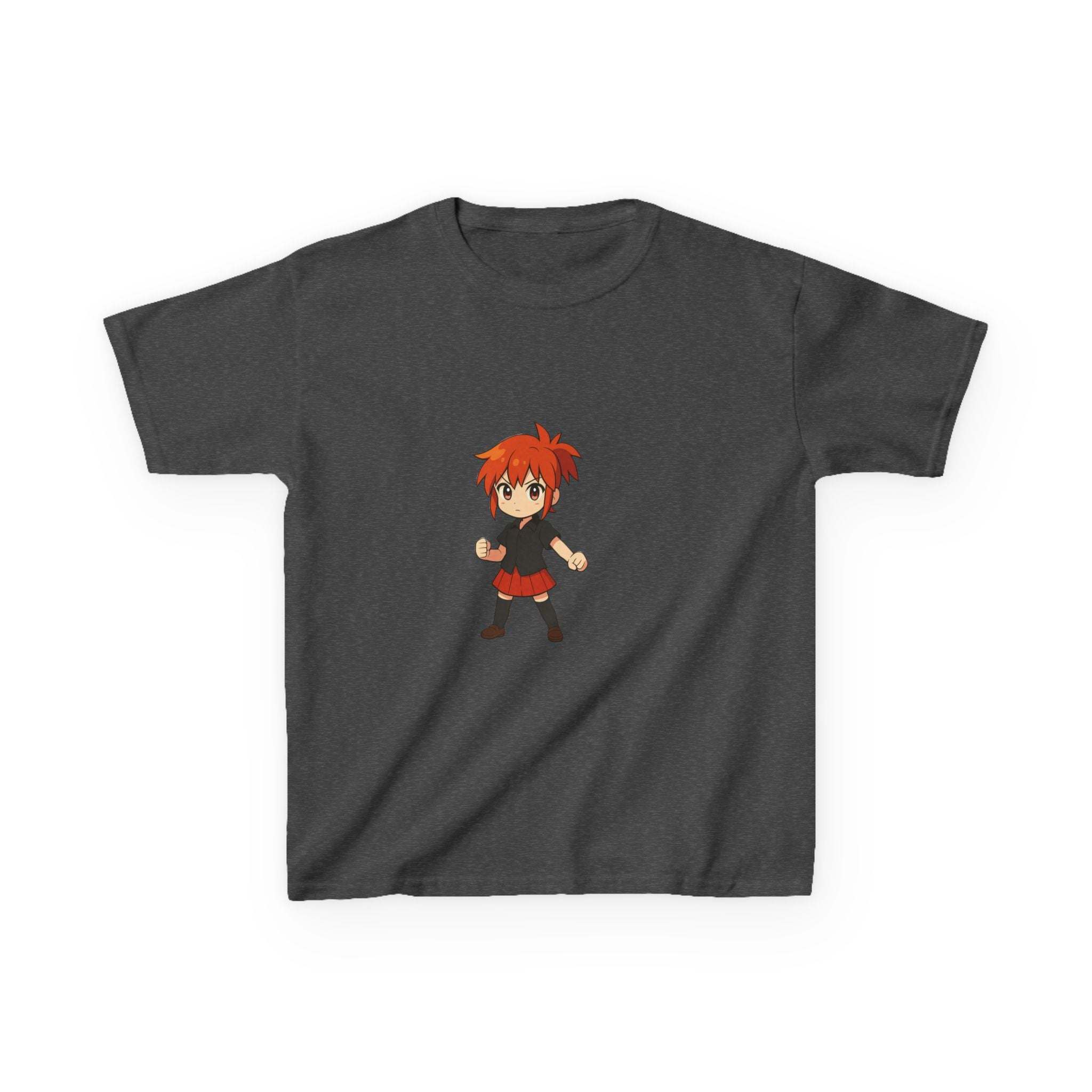 White 100% cotton kids t-shirt featuring anime power girl design by Printify