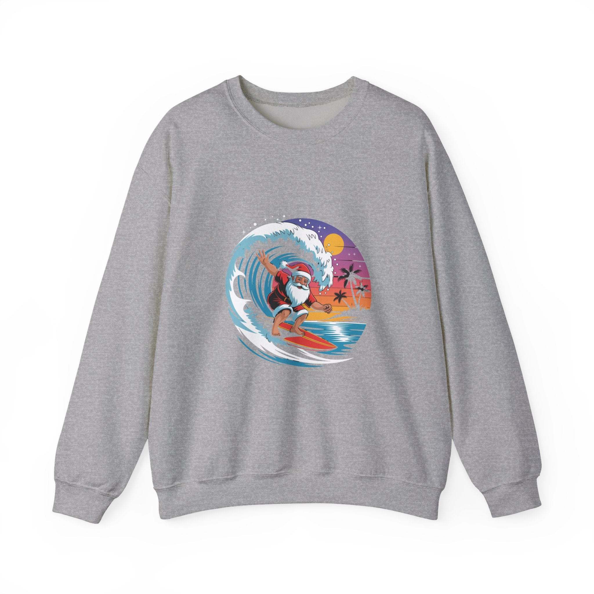 Navy Santa sweatshirt featuring a surfing design, perfect for holiday beachwear by Printify.