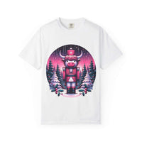 White Cow Nutcracker T-shirt with festive Highland cow nutcracker design and snowy pine trees background