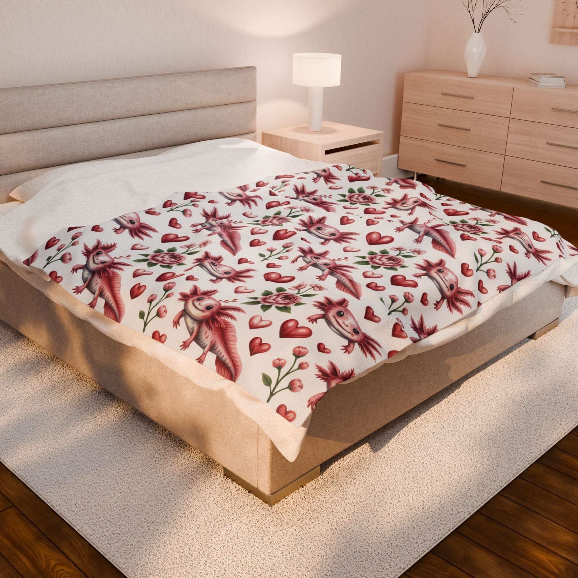 Valentine floral axolotl plush velveteen blanket with heart and blossoms design