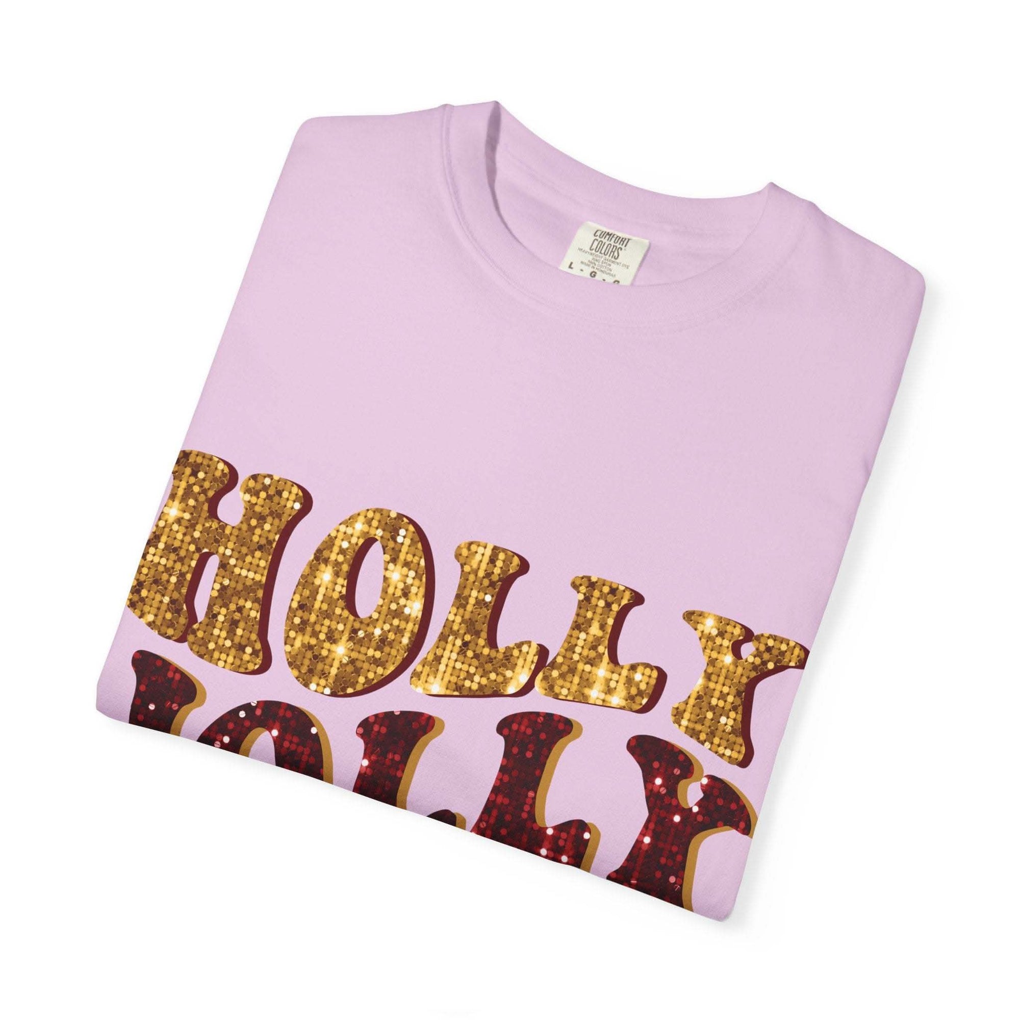 Faux Glitter Holly Jolly Mama brown t-shirt with festive glitter text for moms
