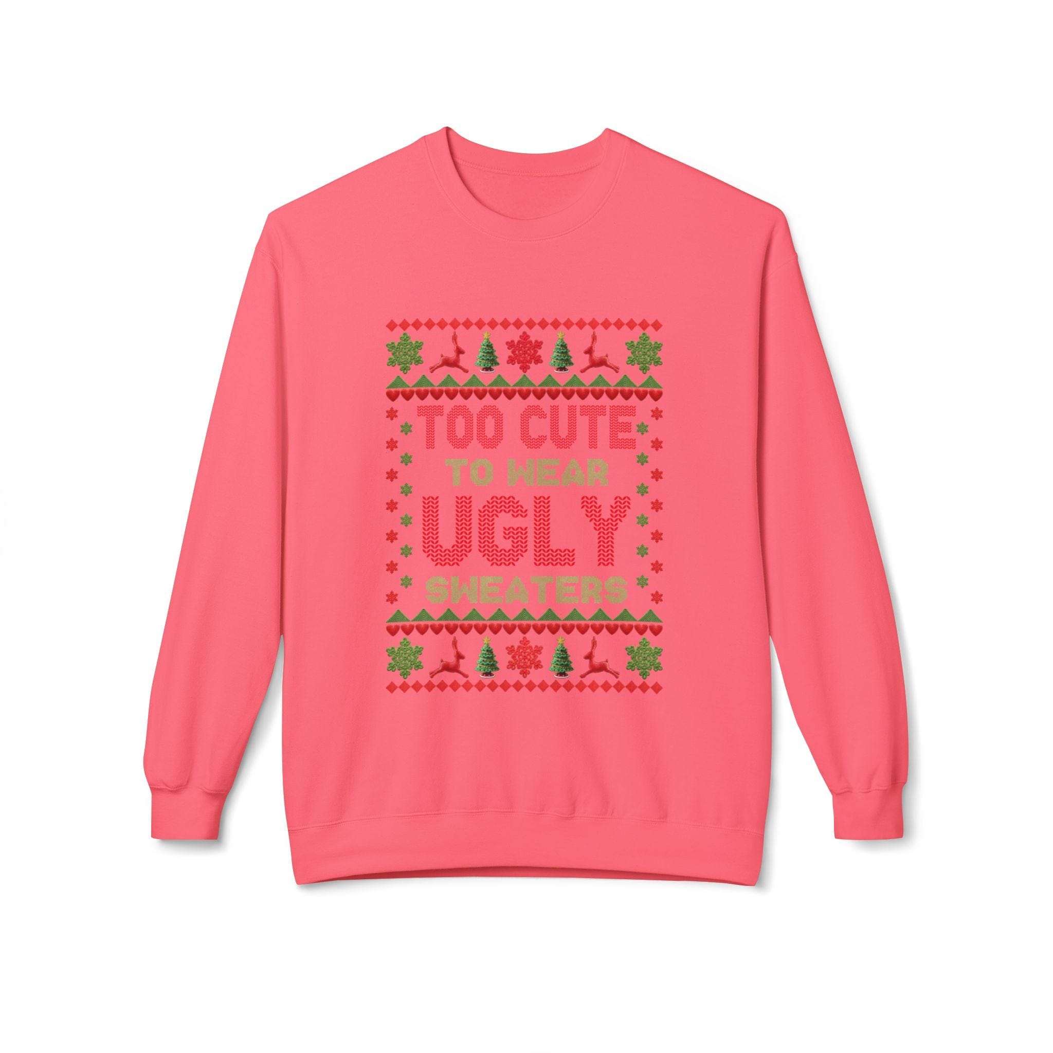Navy unisex fleece Christmas sweatshirt with 'Too Cute To Wear Ugly Sweaters' design by Printify