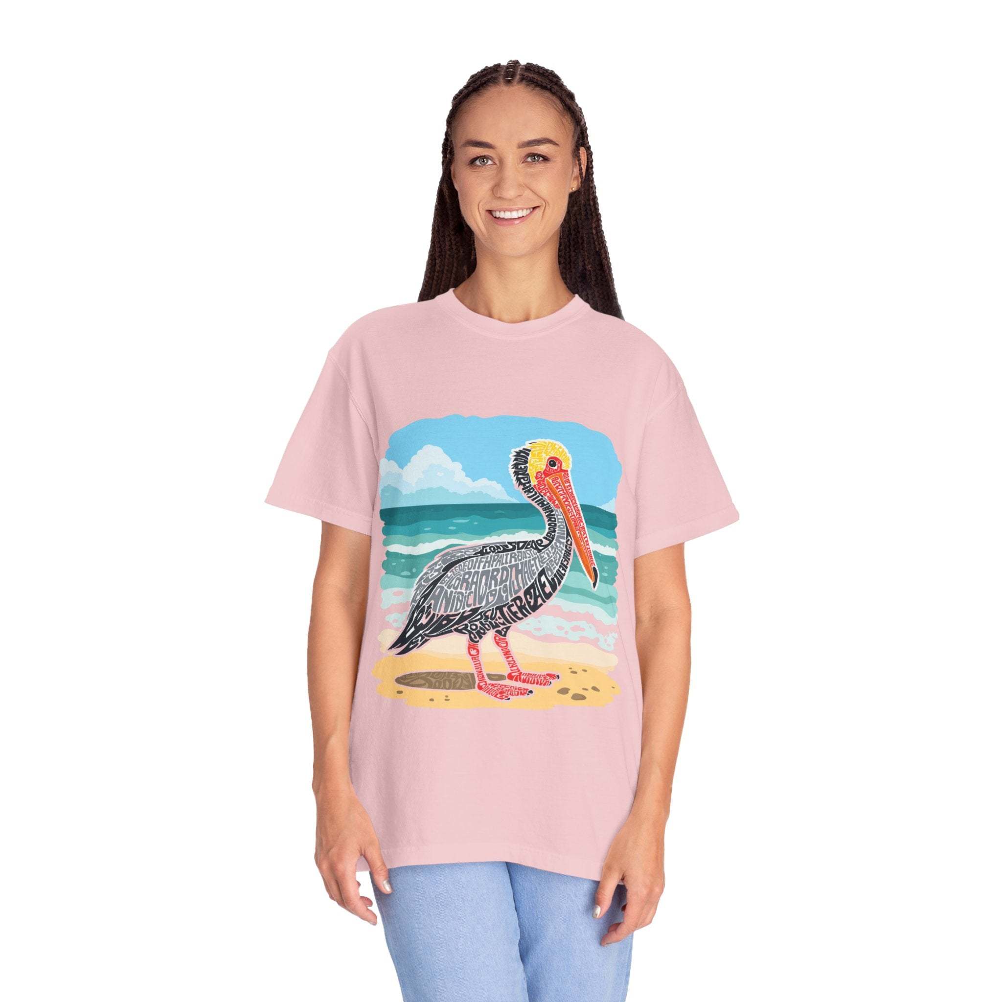 Vintage Pelican Letter Poster graphic tee in muted coastal colors