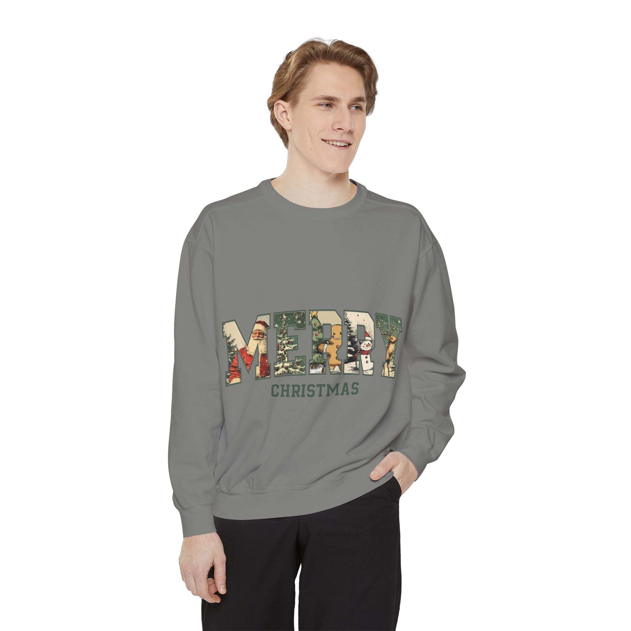 Vintage Varsity Merry Christmas sweatshirt with festive print on soft unisex cotton blend fabric