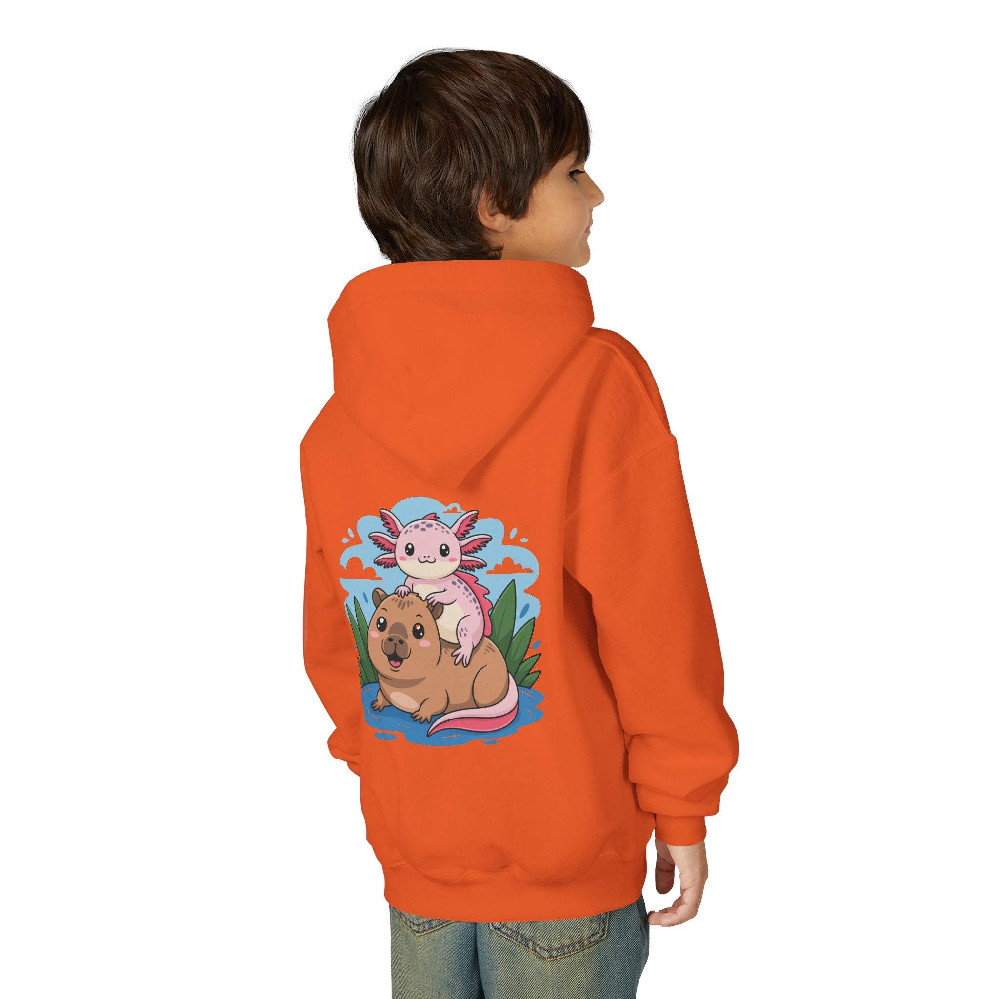 Youth hoodie with axolotl and capybara design on soft cotton-poly pullover sweatshirt