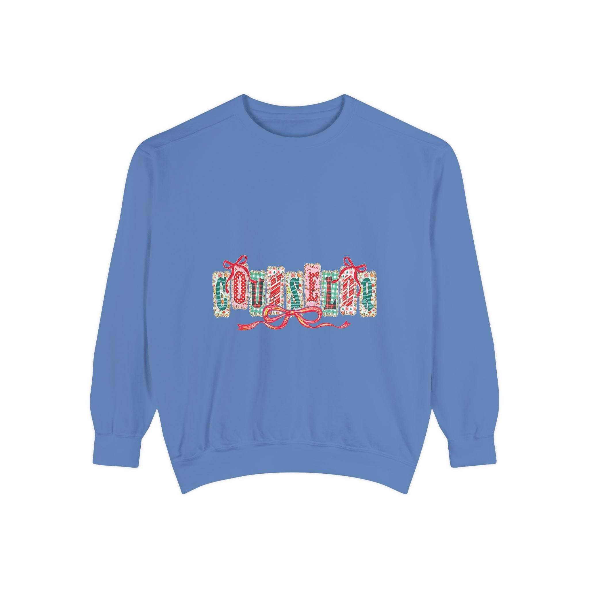 Garment-dyed True Navy sweatshirt with festive Christmas design, perfect for holiday gifting, by Printify
