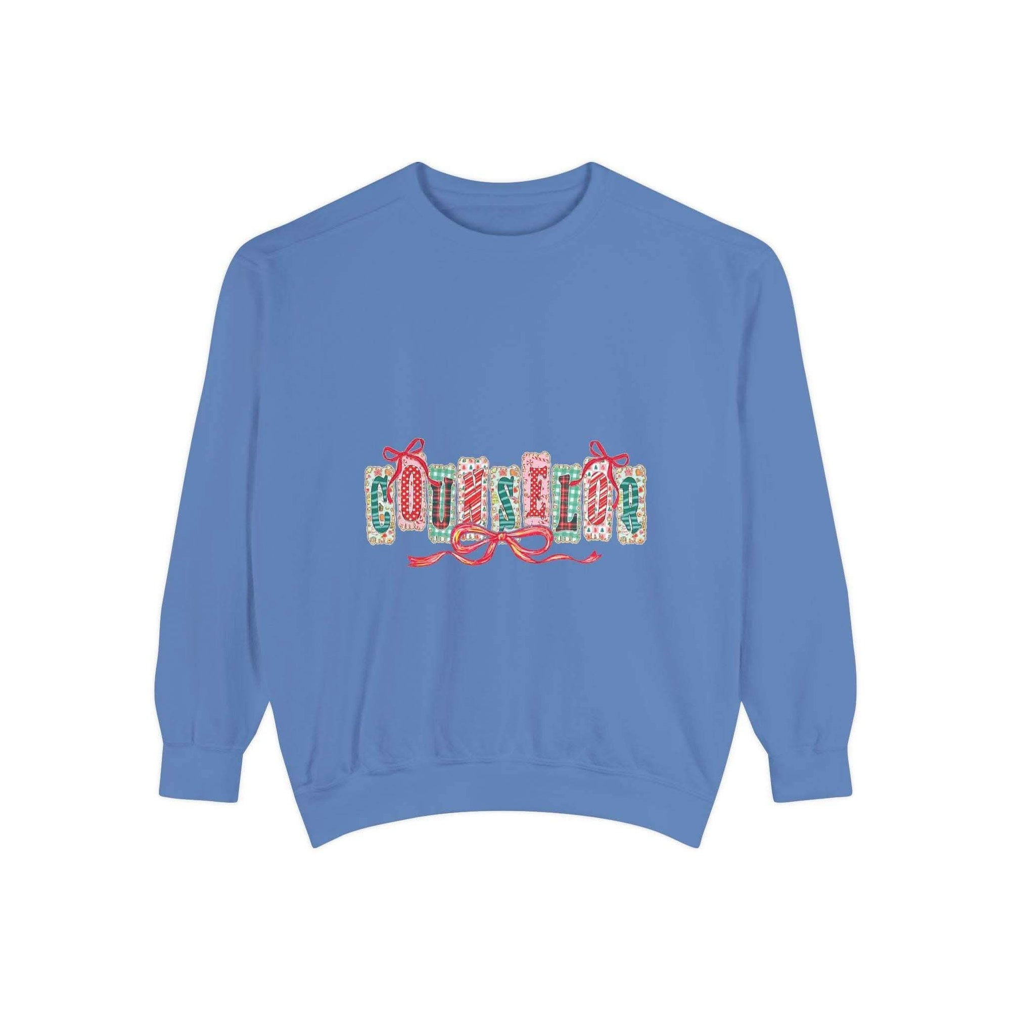 Garment-dyed True Navy sweatshirt with festive Christmas design, perfect for holiday gifting, by Printify