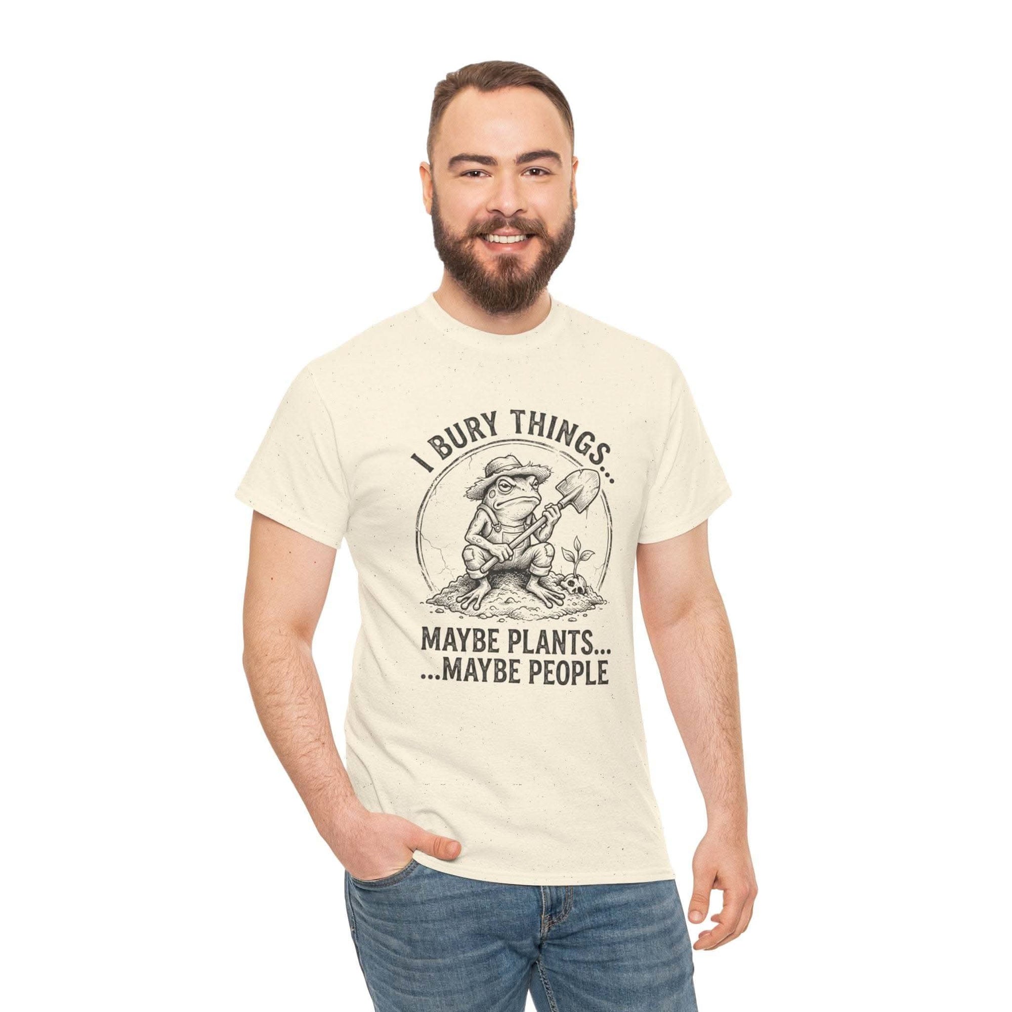 I Bury Things Maybe Plants Maybe People T-Shirt with gnome digging soil and dark humor gardening design