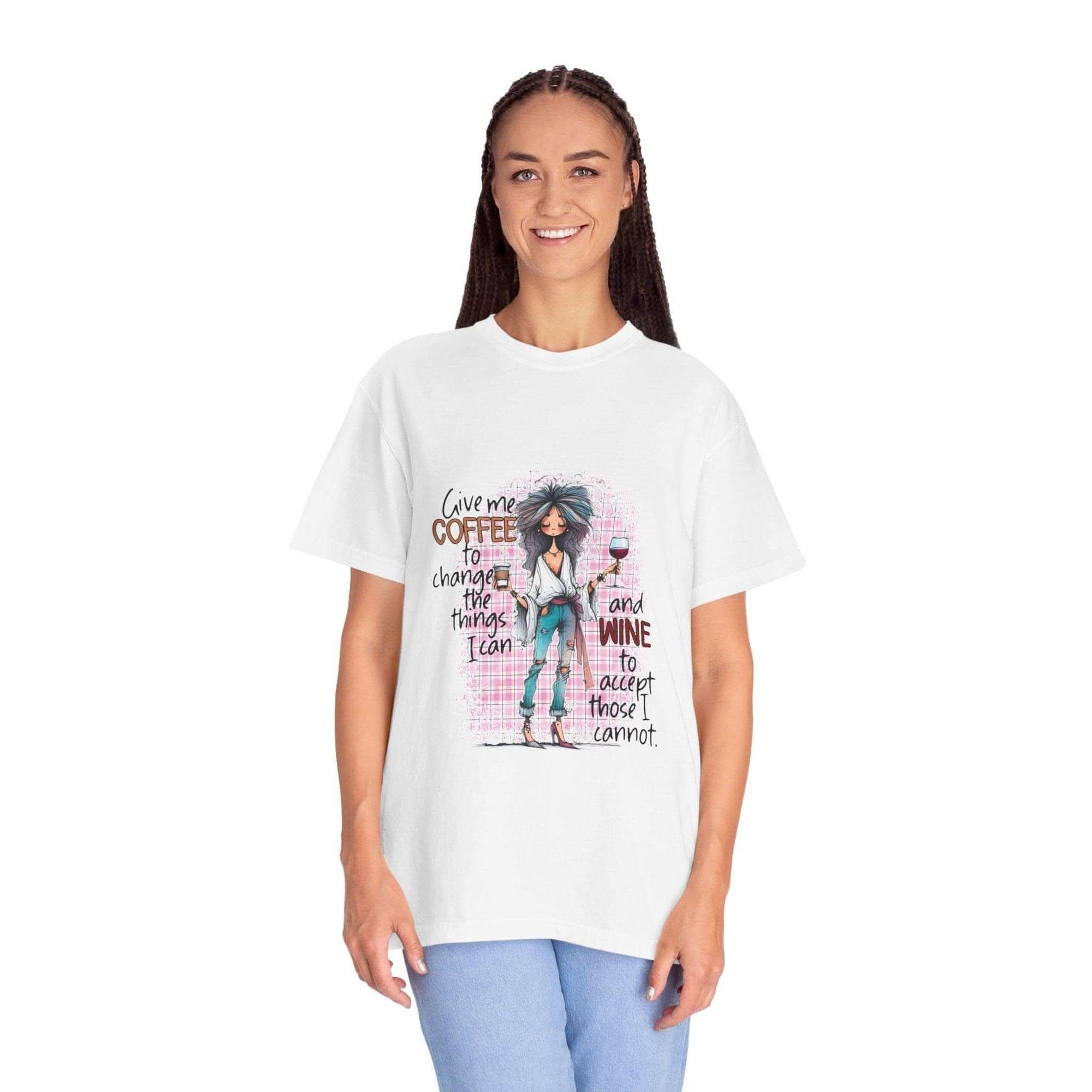 Coffee and Wine Unisex T-Shirt with funny quote and garment-dyed vintage look, perfect casual gift for coffee and wine lovers.