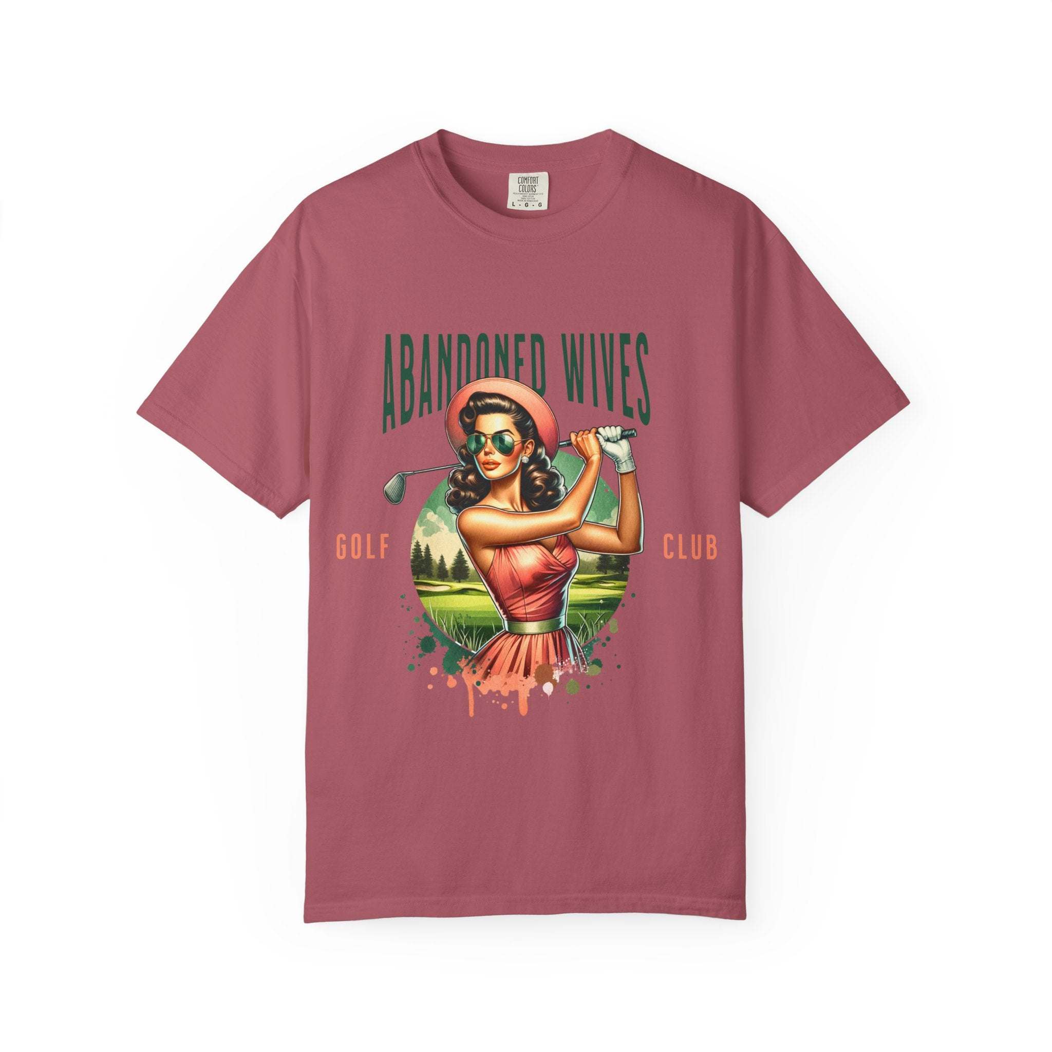 Vintage unisex T-shirt with humorous Abandoned Wives Golf Club design in pink tones