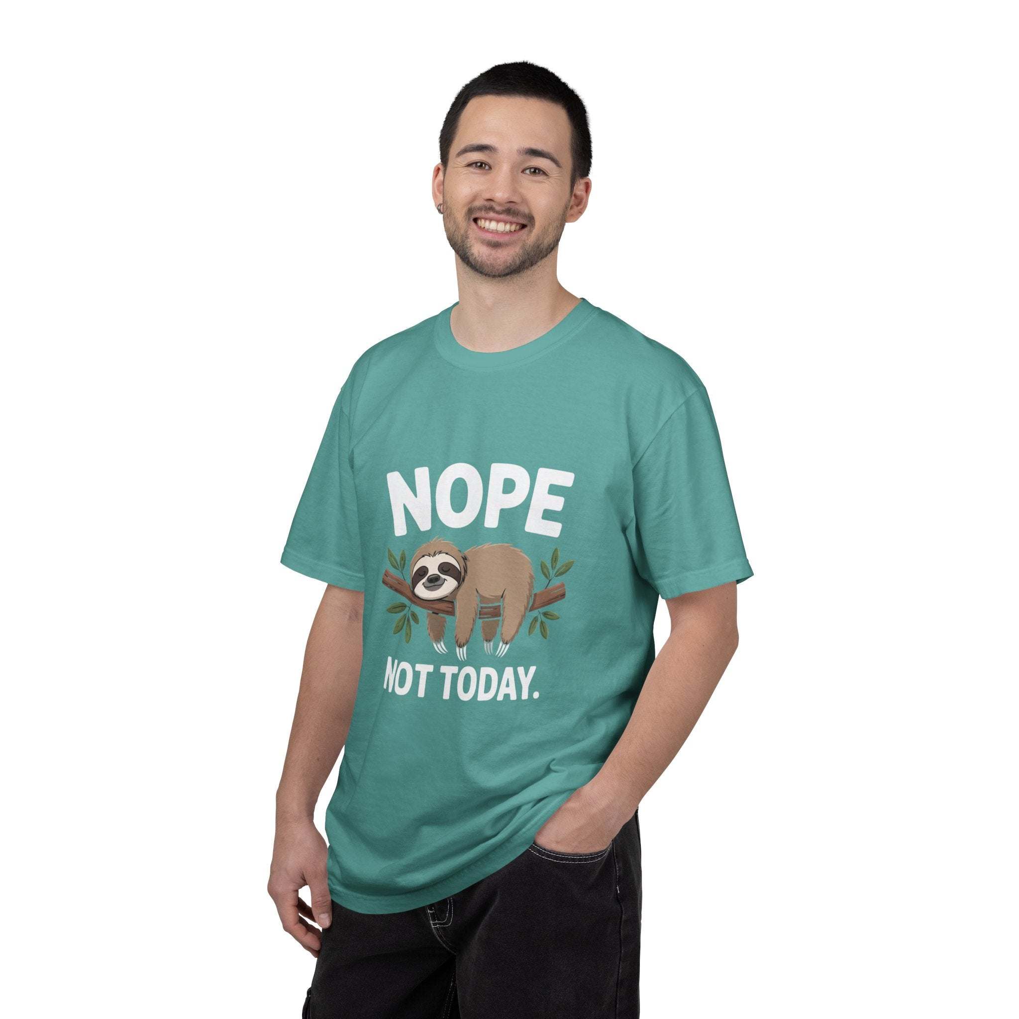 Nope Not Today Sloth t-shirt with cozy sloth design on soft garment-dyed cotton
