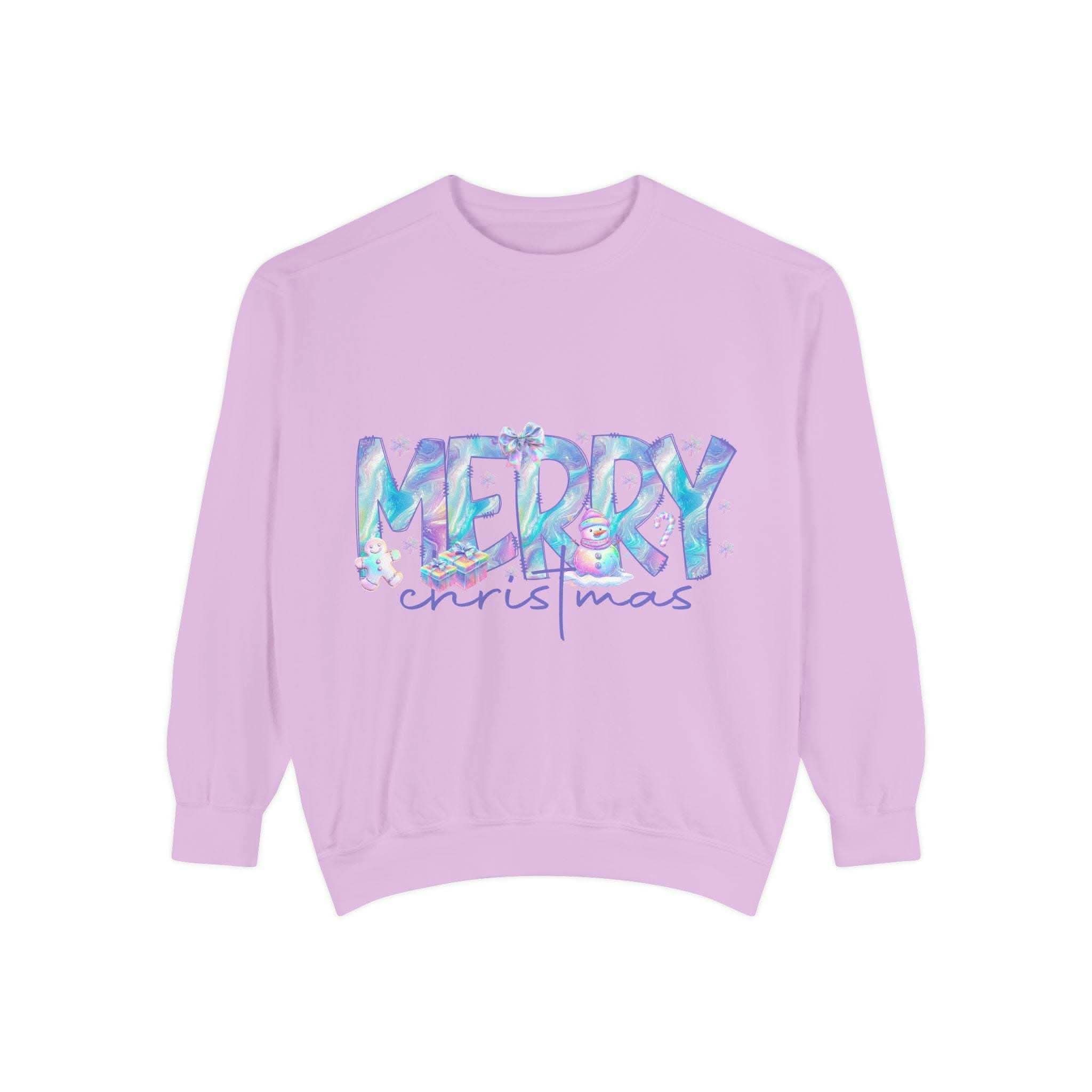 Ultra-soft lavender sweatshirt with iridescent Merry Christmas design and cozy fit for holidays