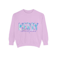 Ultra-soft lavender sweatshirt with iridescent Merry Christmas design and cozy fit for holidays