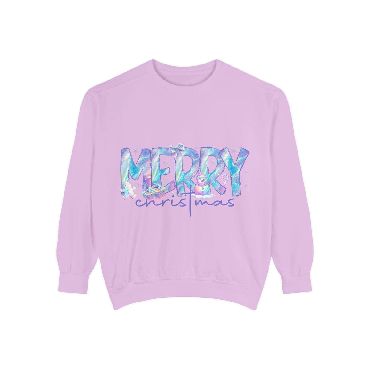 Ultra-soft lavender sweatshirt with iridescent Merry Christmas design and cozy fit for holidays