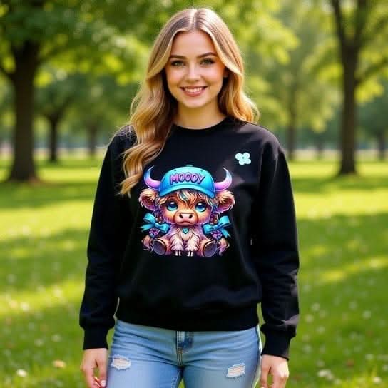 Child wearing Moody Girl Highland Cow sweatshirt with Highland cow graphic outdoors