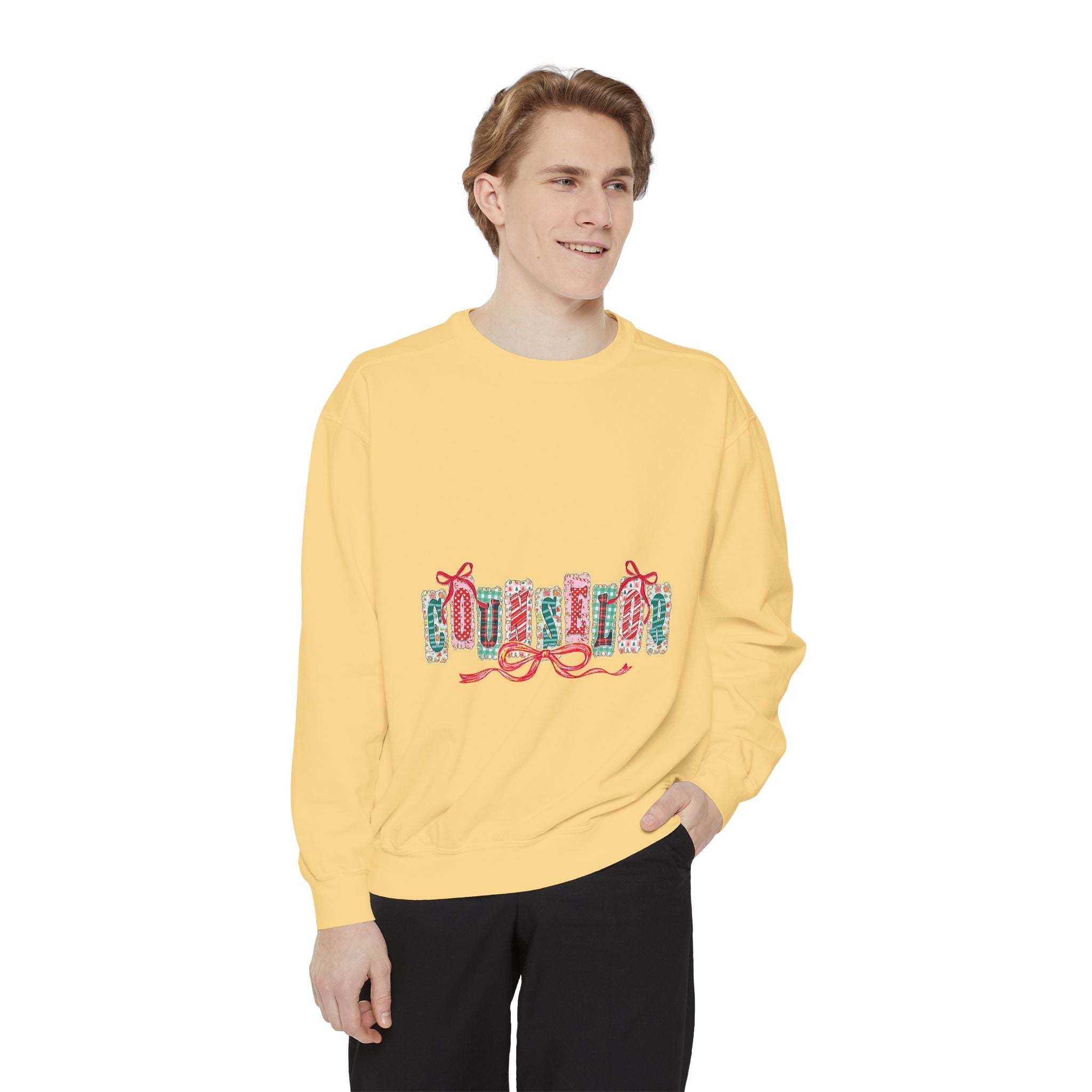 Garment-dyed True Navy sweatshirt with festive Christmas design, perfect for holiday gifting, by Printify