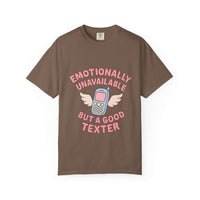 Black graphic t-shirt featuring "Emotionally Unavailable But A Good Texter" text, casual fit by Printify.