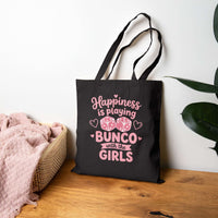 Happiness is Playing Bunco tote bag with dice night design on durable cotton canvas, ideal for game nights and carrying essentials