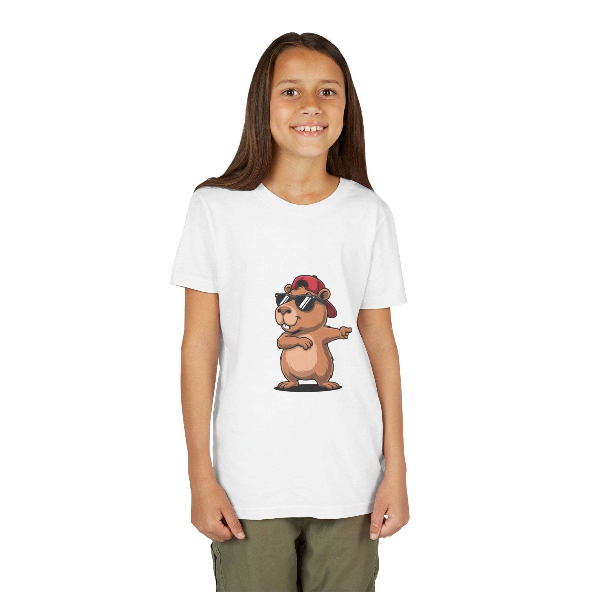 Cool capybara wearing hat and sunglasses on soft cotton kids t-shirt