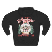 Black fleece hoodie with vintage pink snow globe and nutcracker design, festive winter holiday style