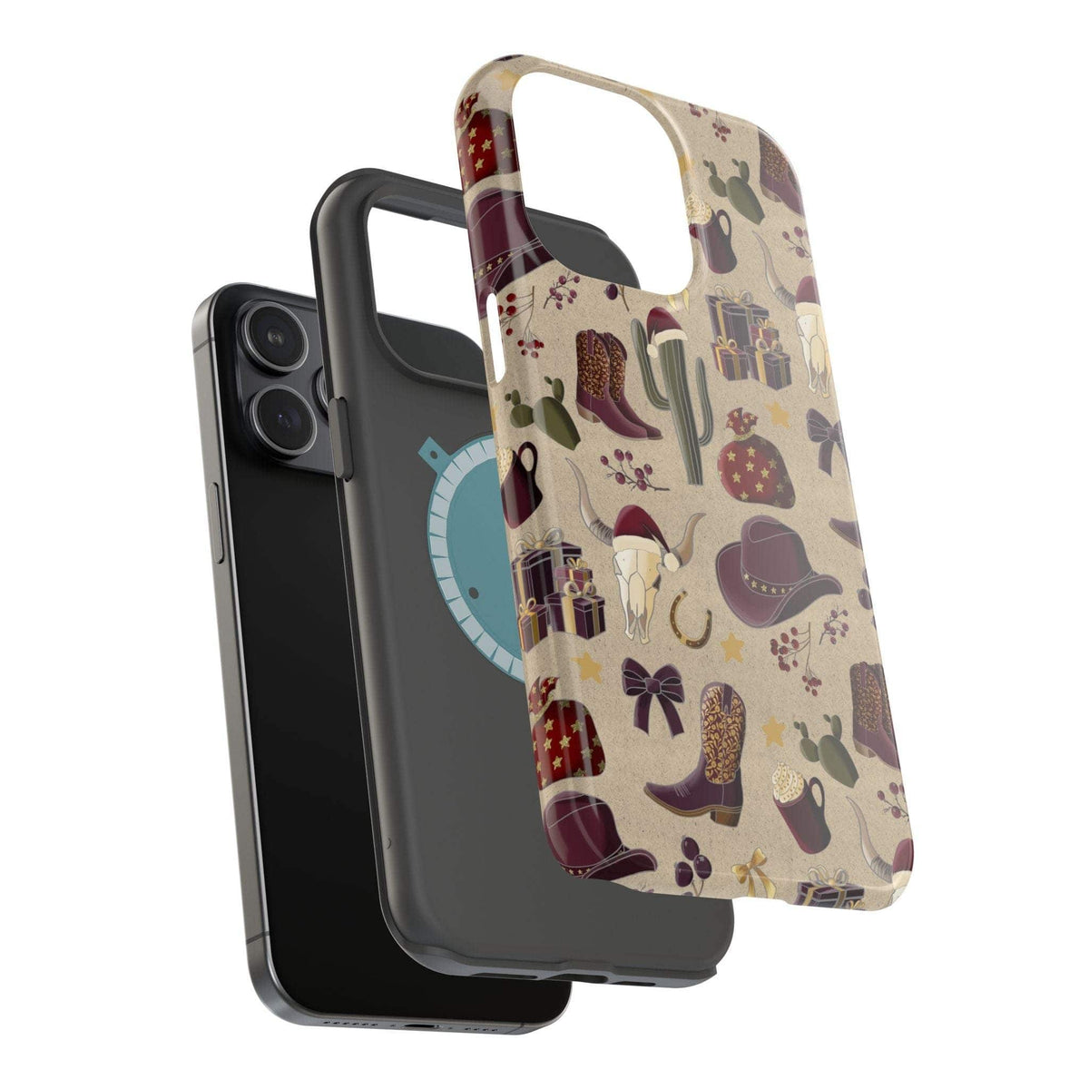 Cowboy Christmas design phone case for iPhone 17 in glossy finish by Printify, featuring festive colors and patterns.