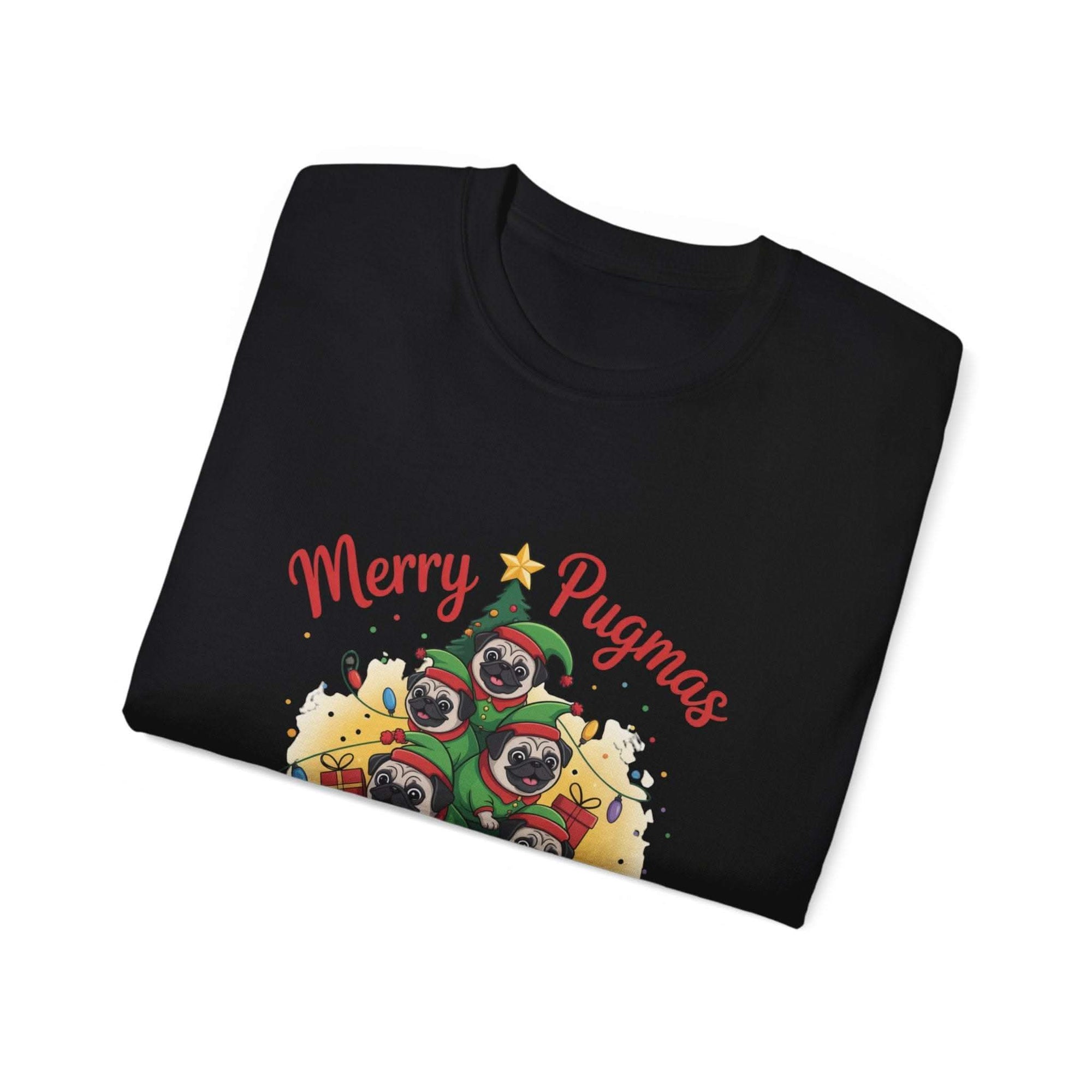 Black Merry Pugmas holiday t-shirt from Printify, featuring festive pug design for dog lovers.