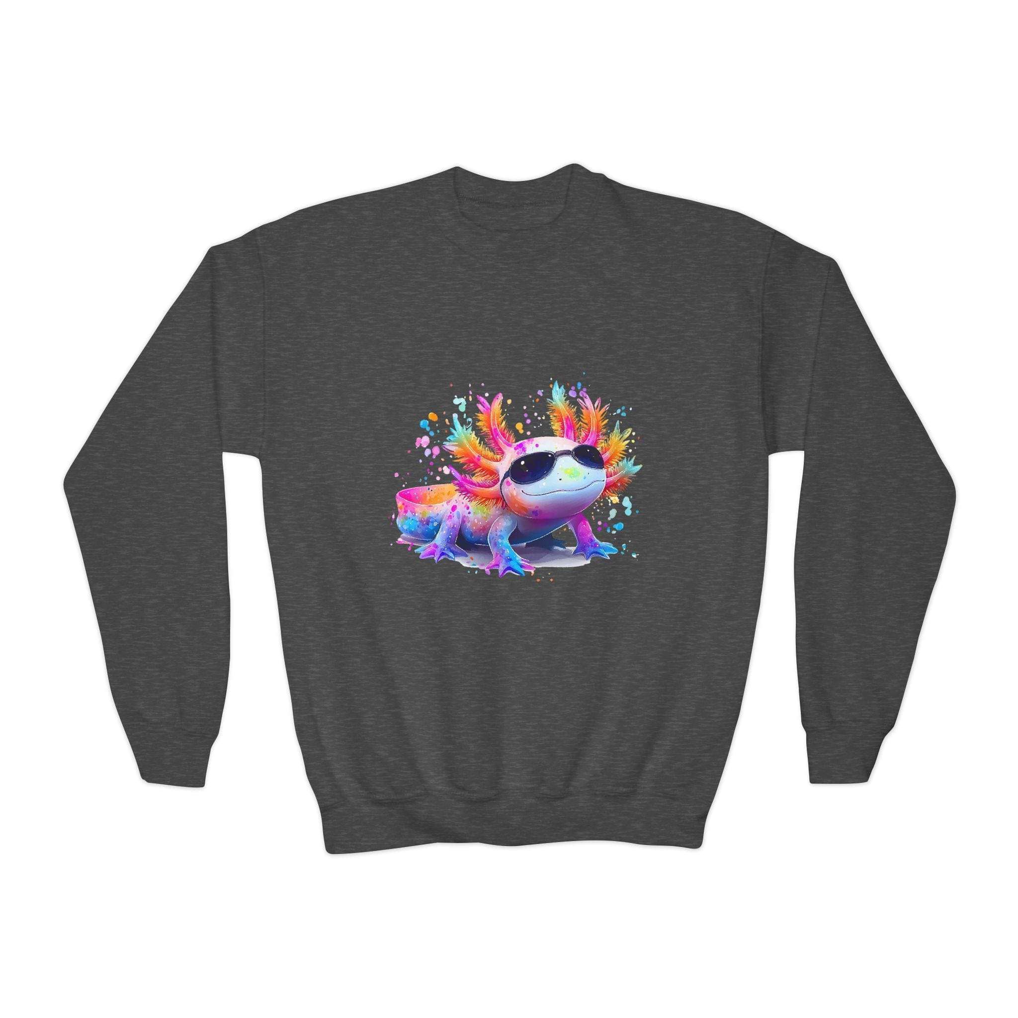 Maroon kids sweatshirt featuring a colorful rainbow axolotl design, by Printify
