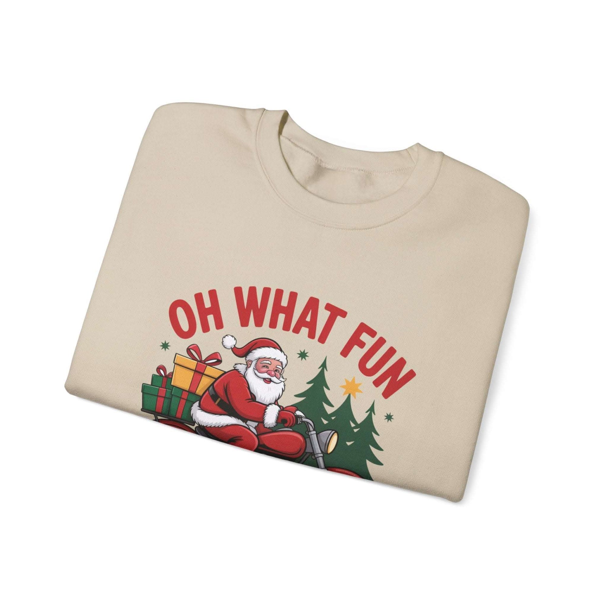 Black crewneck sweatshirt featuring a Santa motorcycle graphic by Printify, perfect for cozy winter wear.