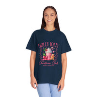 Unisex garment-dyed black Christmas t-shirt with 'Holly Jolly Christmas Club' design by Printify