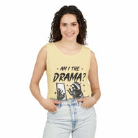 Woman wearing yellow tank top with "Am I The Drama?" raccoon graphic design