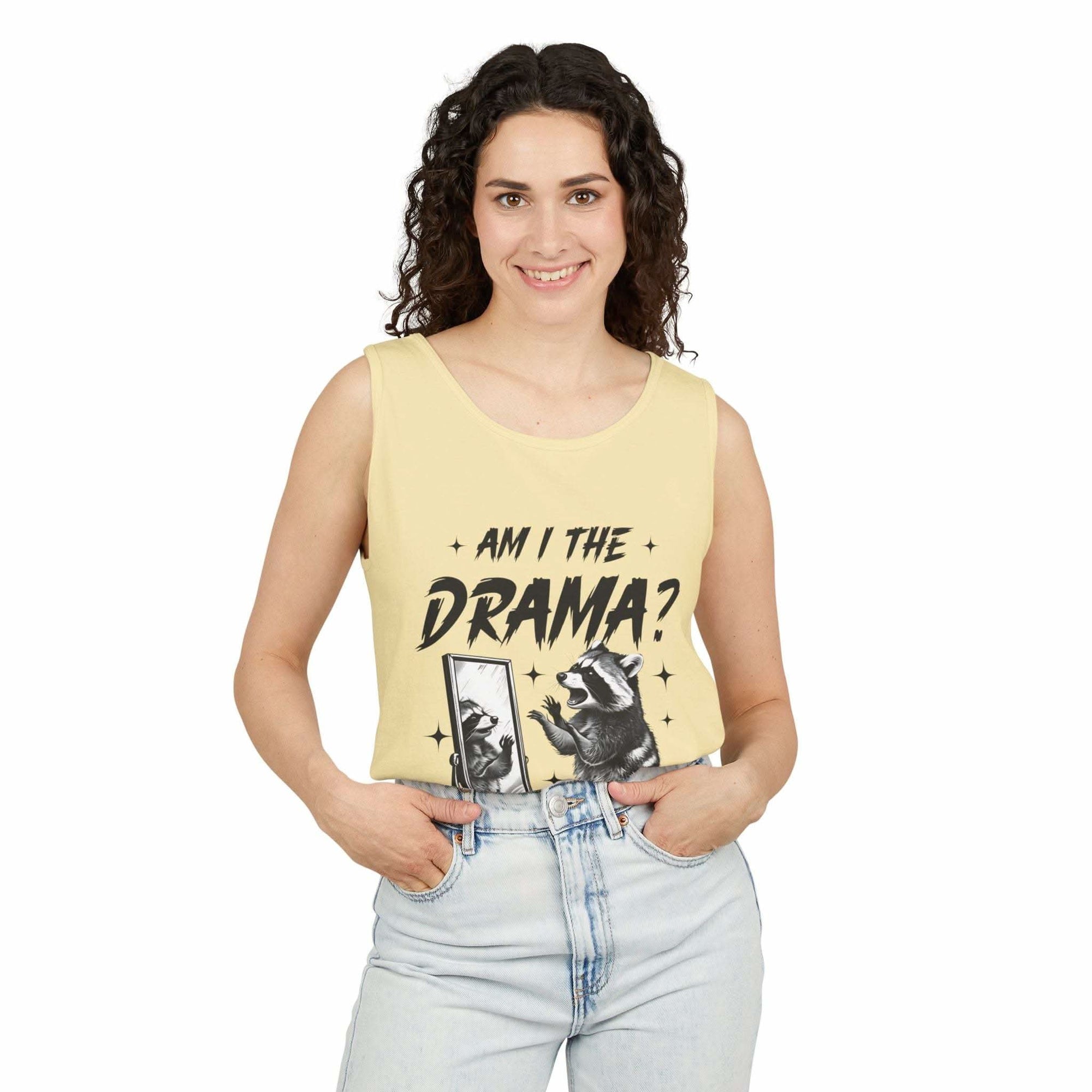 Woman wearing yellow tank top with "Am I The Drama?" raccoon graphic design