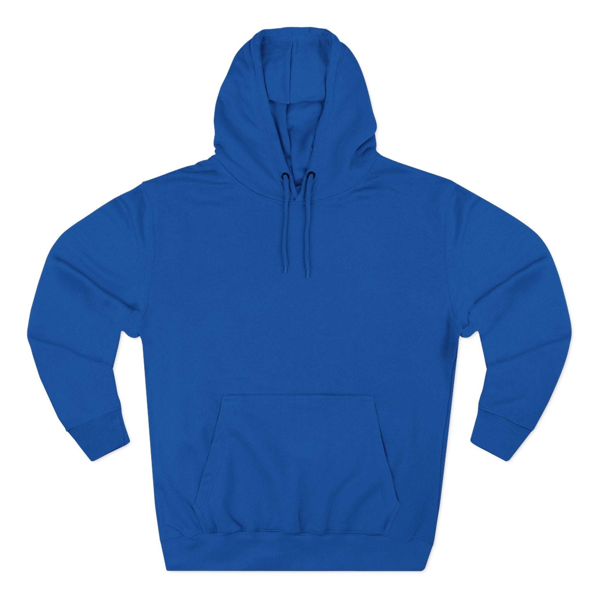 Blue fleece hoodie with adjustable hood and kangaroo pocket for winter comfort