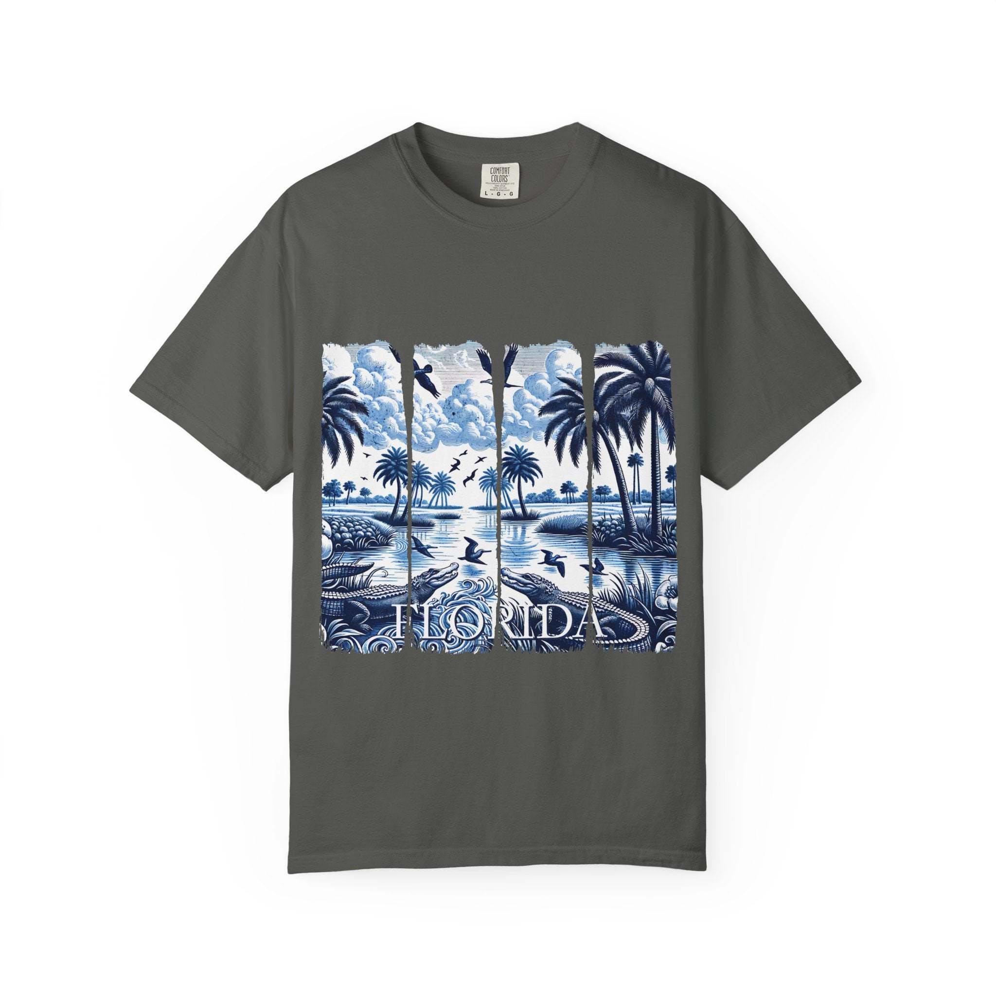 Blue Chinoise Brushstroke T-Shirt with soft blue chinoiserie brushstroke design on garment-dyed cotton tee
