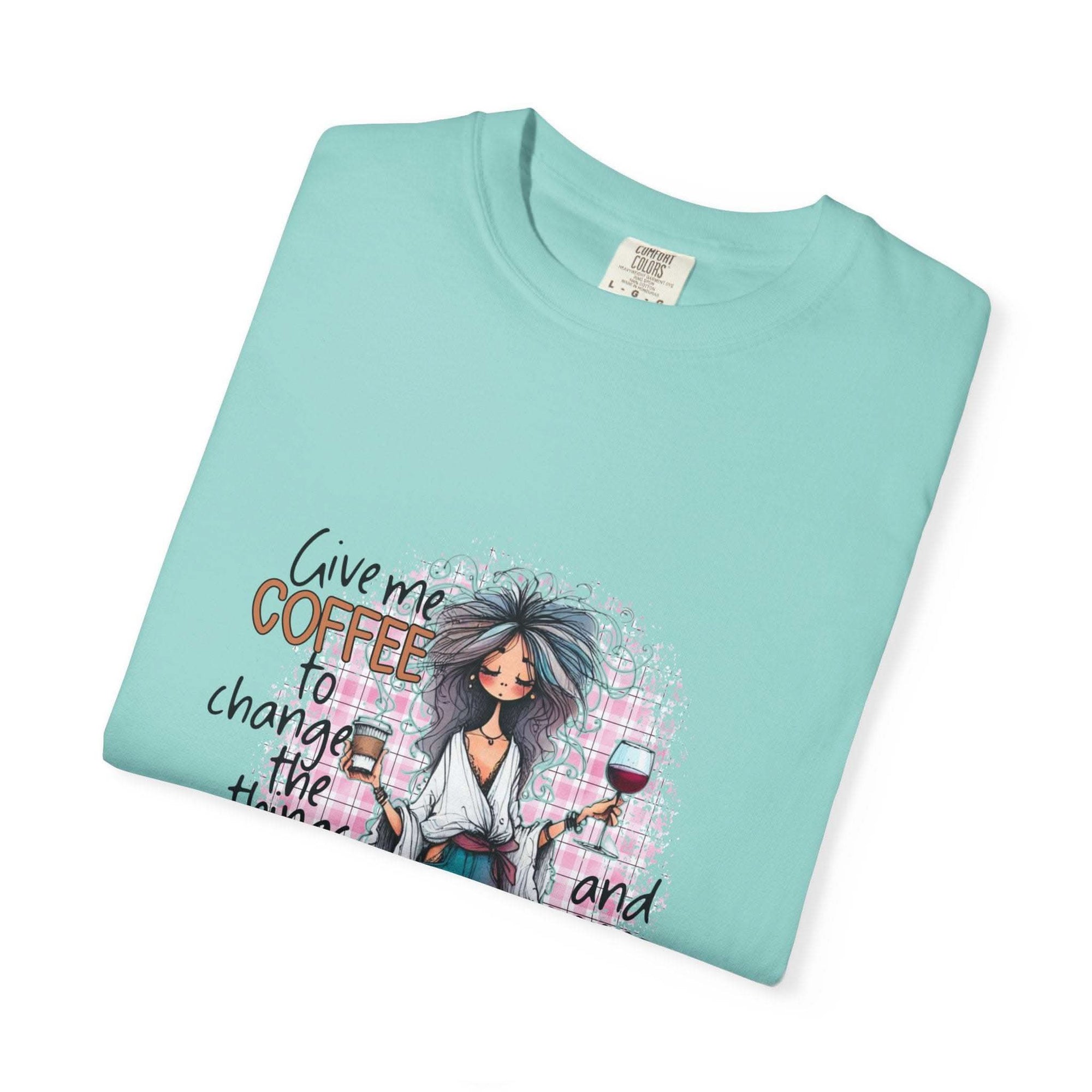 Coffee and Wine Unisex T-shirt with cozy fit and fun coffee and wine quote design on light blue fabric