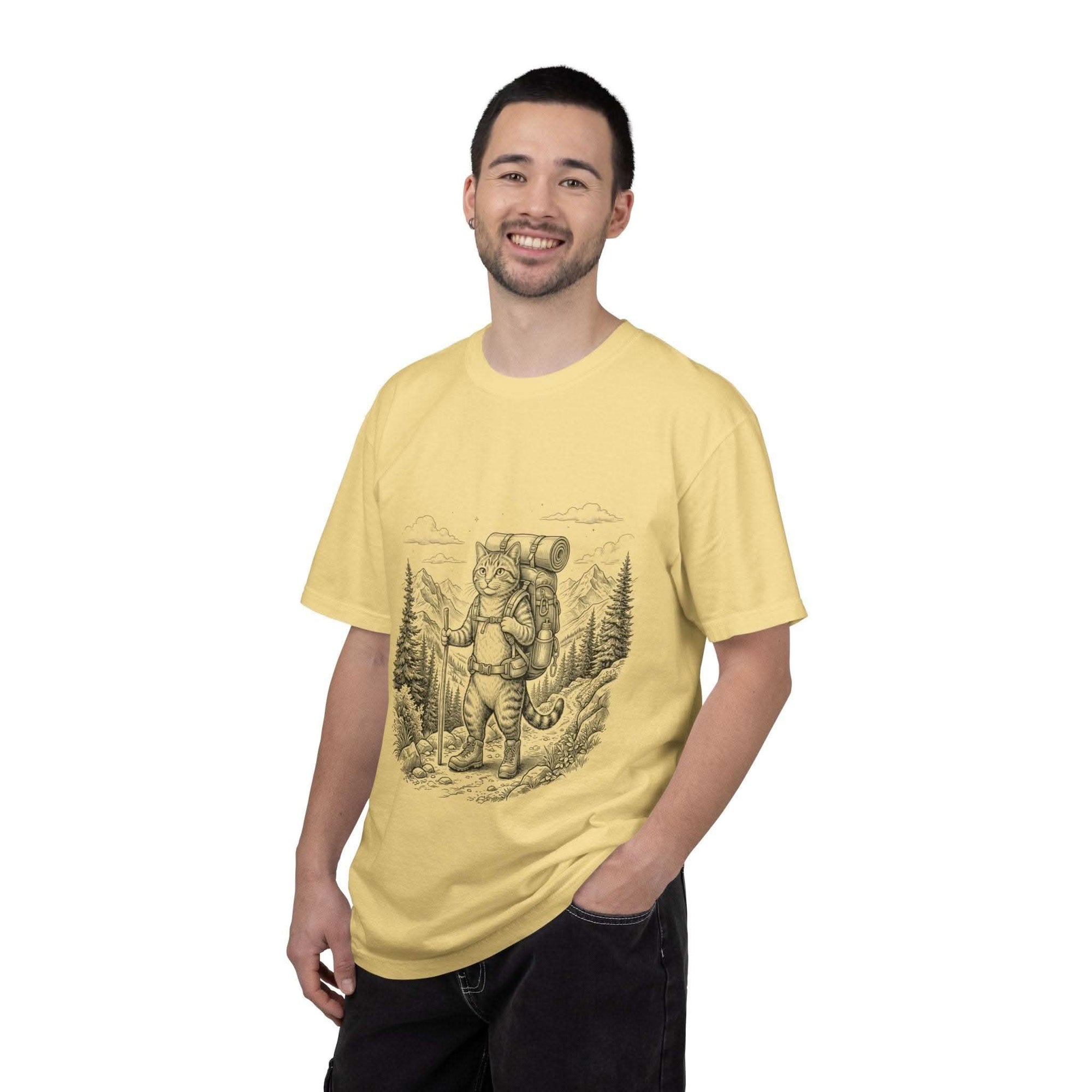 Cat hiker illustration on vintage garment-dyed heavyweight cotton T-shirt with mountain camping scene