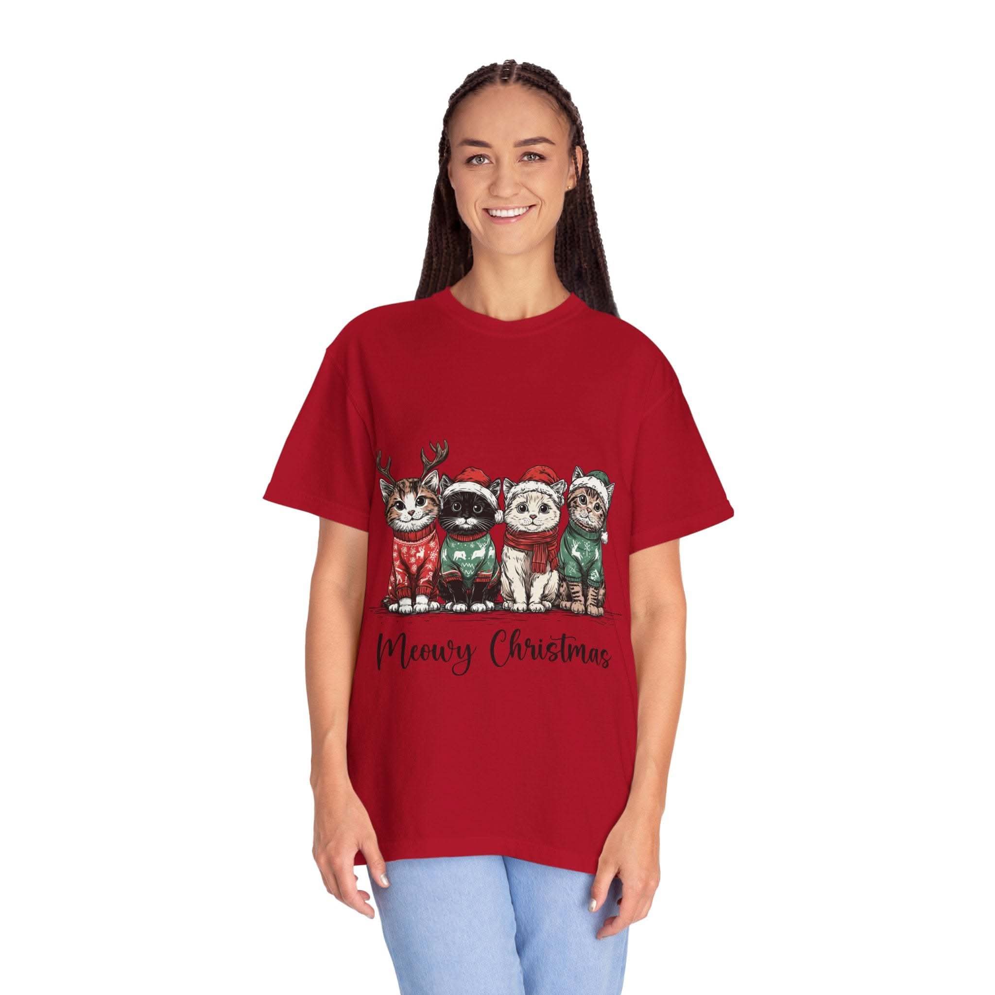 Bay Cat Lover T-shirt with Meowy Christmas design from Printify, perfect festive gift for cat enthusiasts.