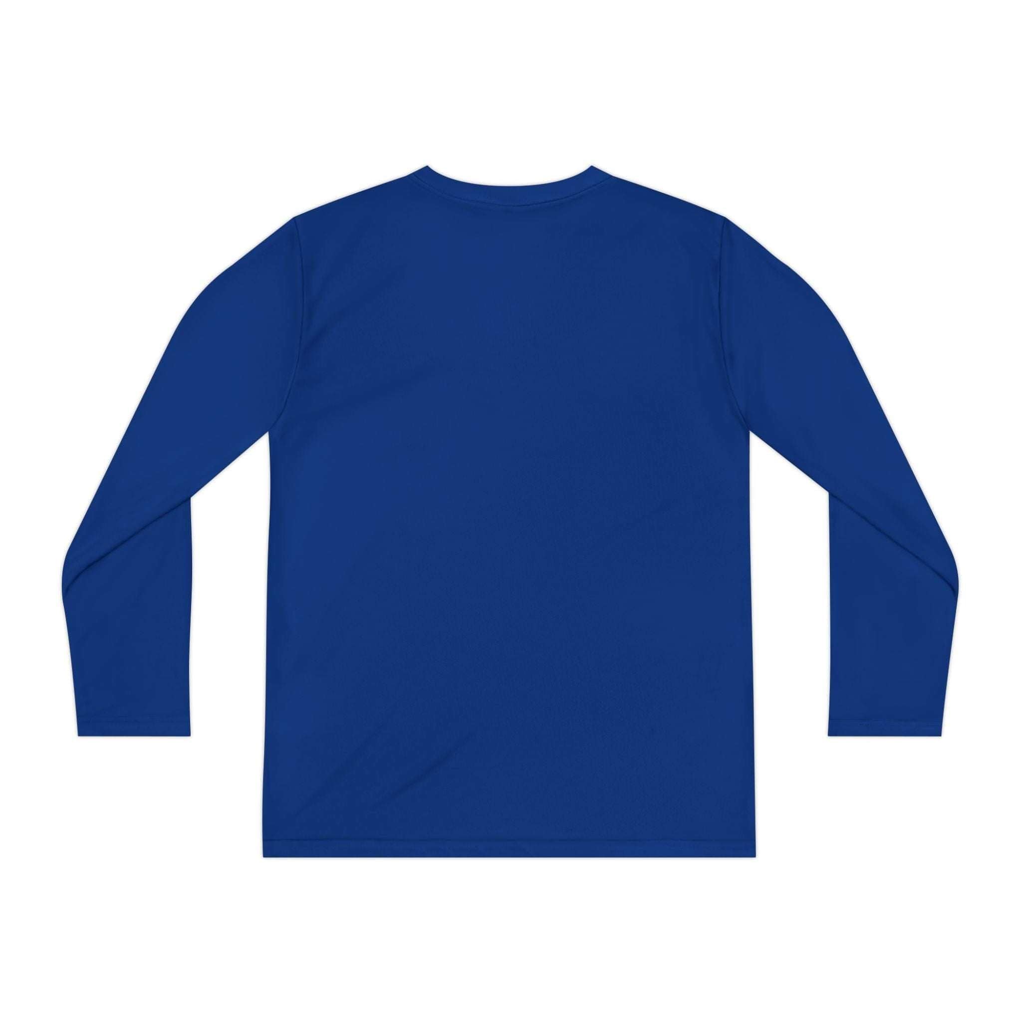 Back view of blue youth long sleeve tee shirt made from moisture-wicking polyester fabric