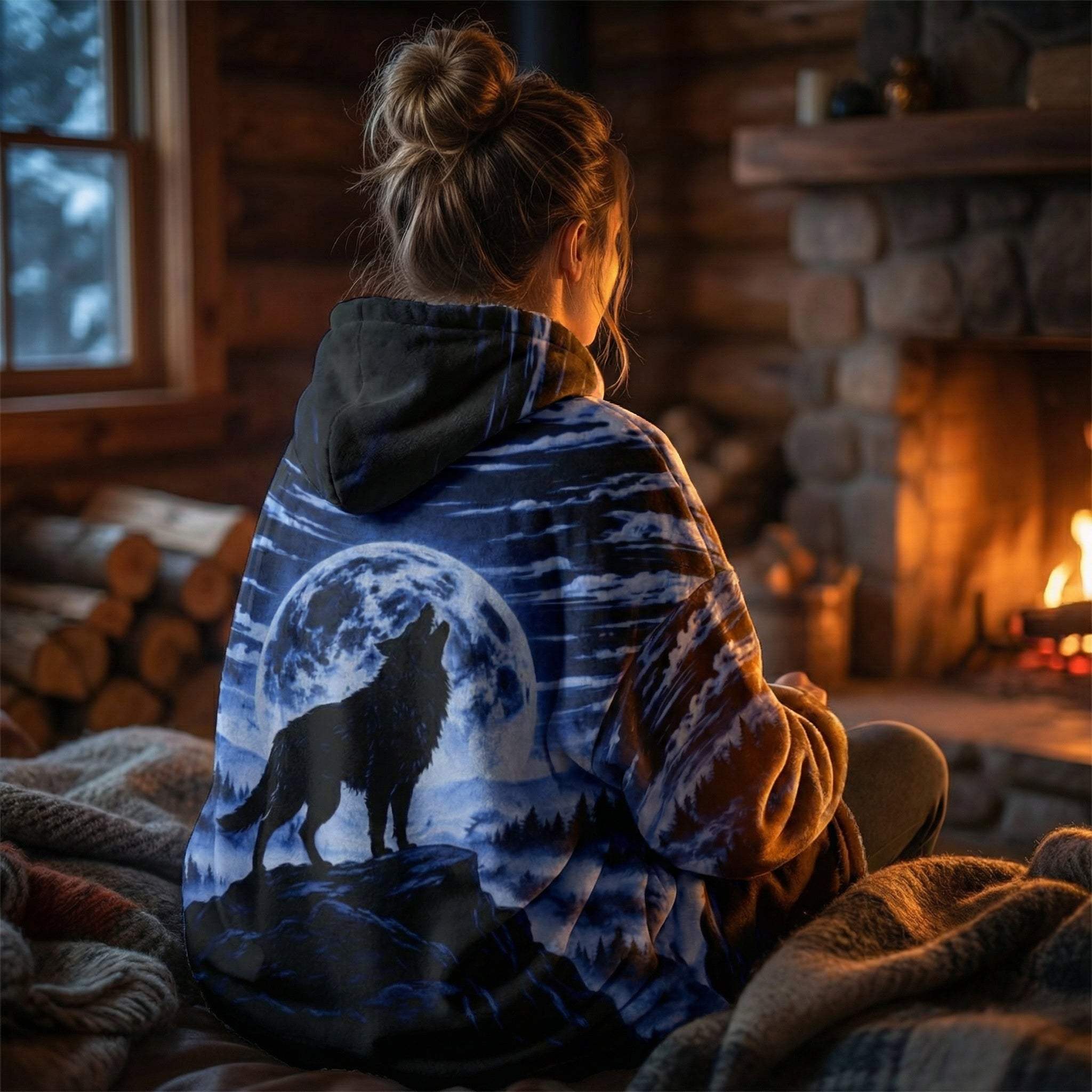 Blue wolf all over print hooded fleece blanket with kangaroo pocket