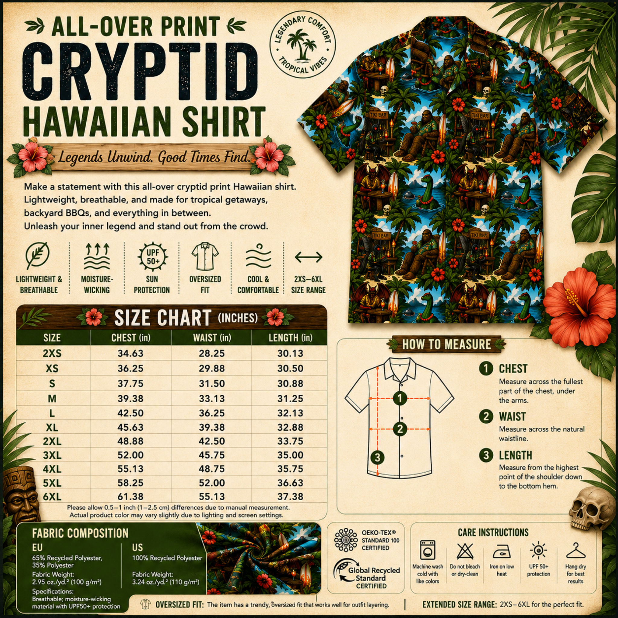 Bigfoot Hawaiian Shirt | Tropical Cryptid Button-Up with Sasquatch Tiki Print | Unisex UPF 50+