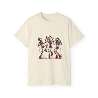 White Christmas Dancing Skeletons T-shirt by Printify, featuring festive skeleton design for holiday cheer.