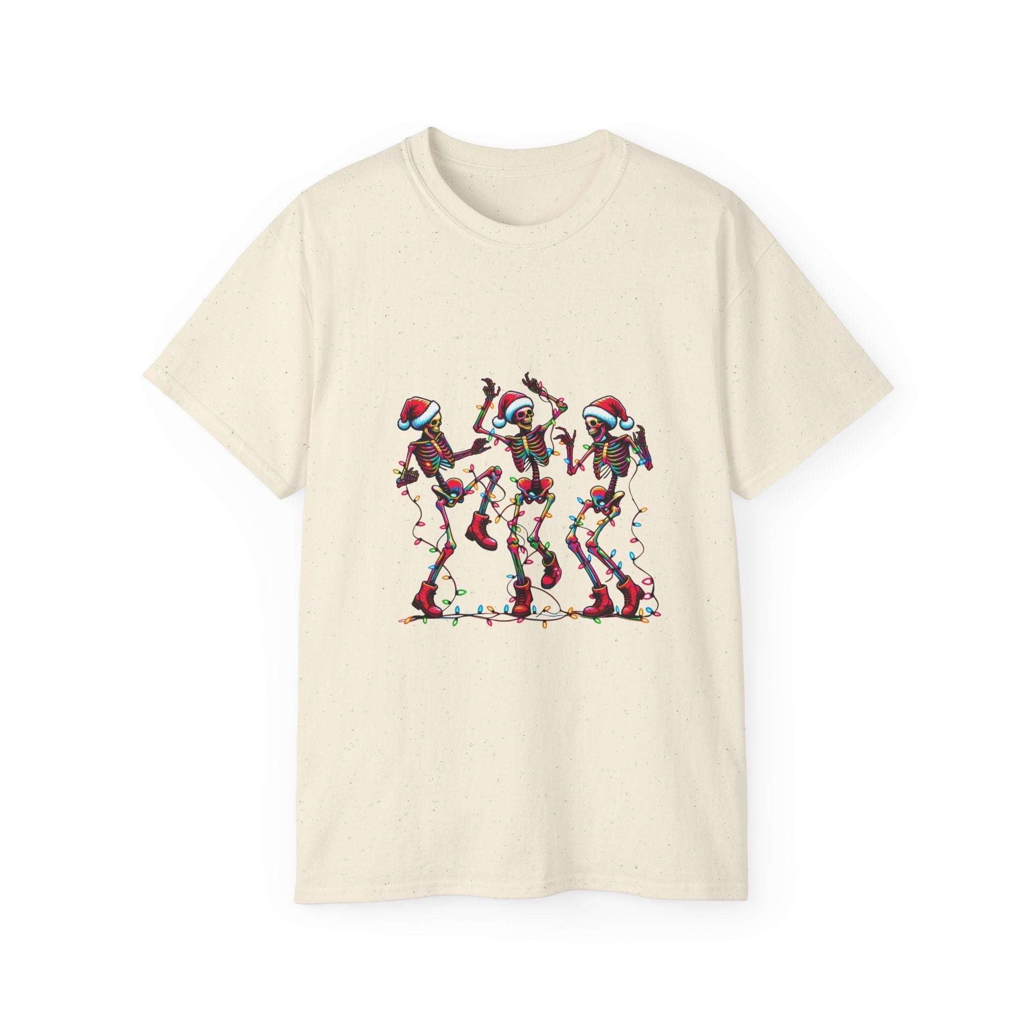White Christmas Dancing Skeletons T-shirt by Printify, featuring festive skeleton design for holiday cheer.