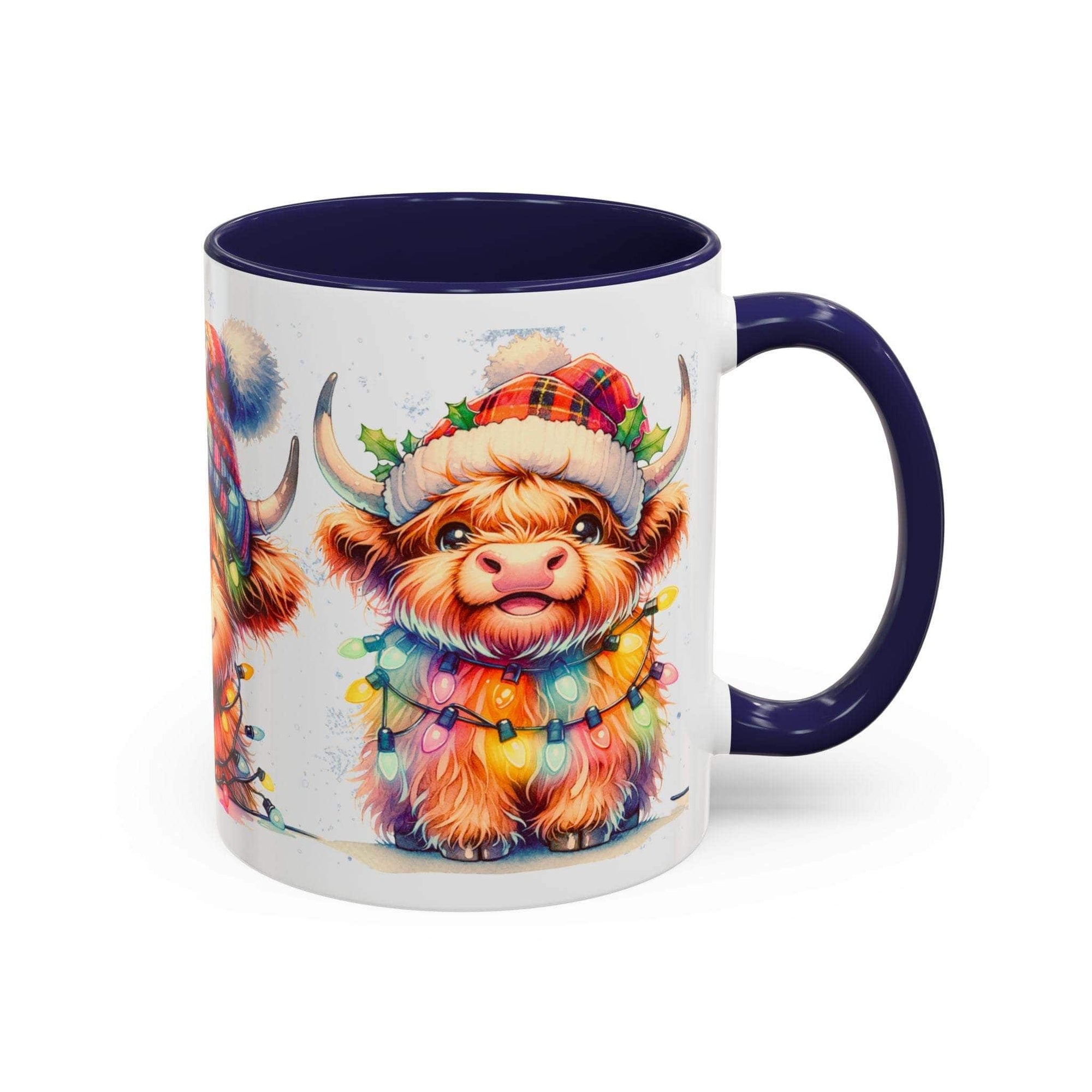 Mug with a colorful highland cow design and blue interior and handle on a white background